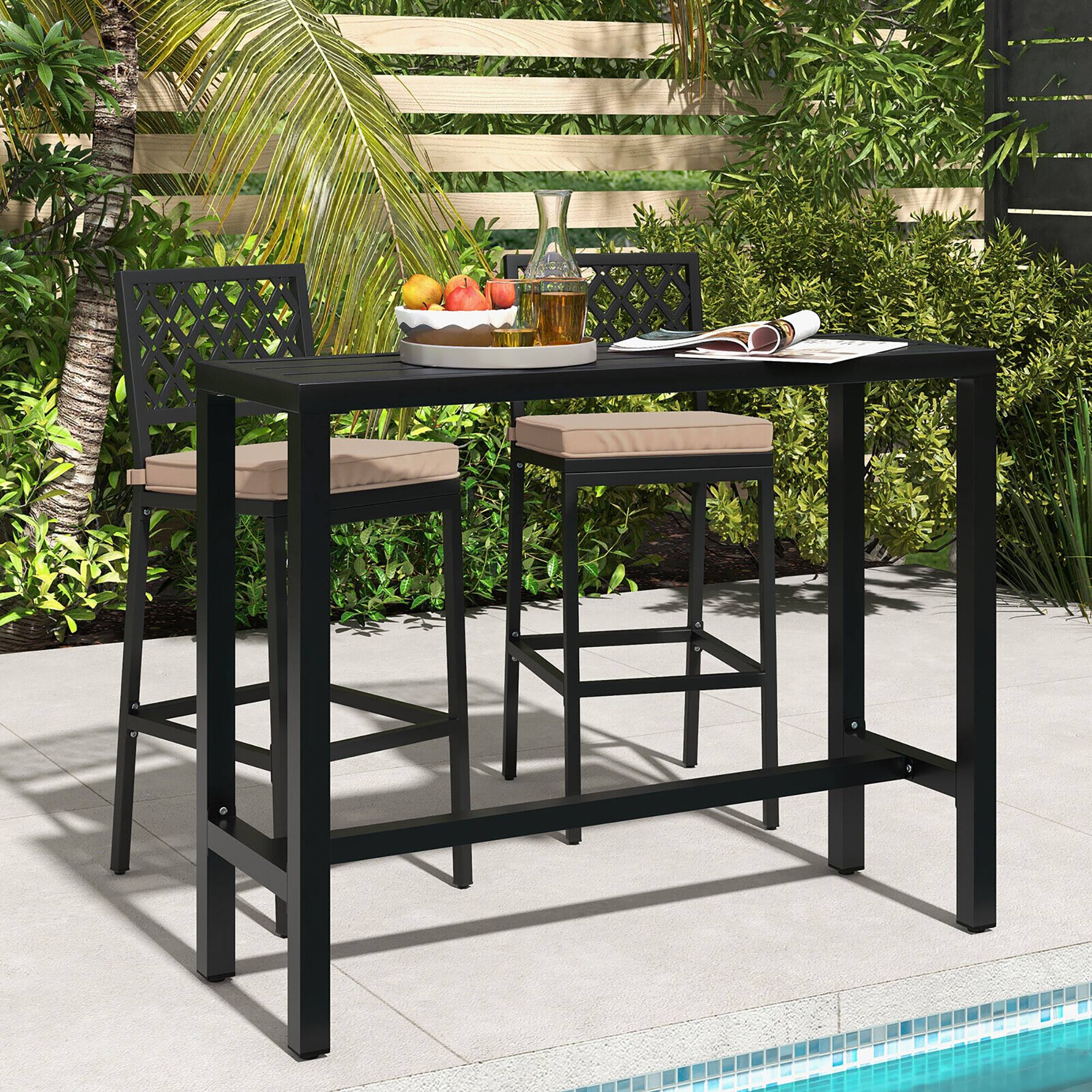 Alt View 2. Gymax - Gymax 3PCS Outdoor Chairs & Metal Bar Table Set Patio Dining Table Set w/ Cushion - Black + Beige.
