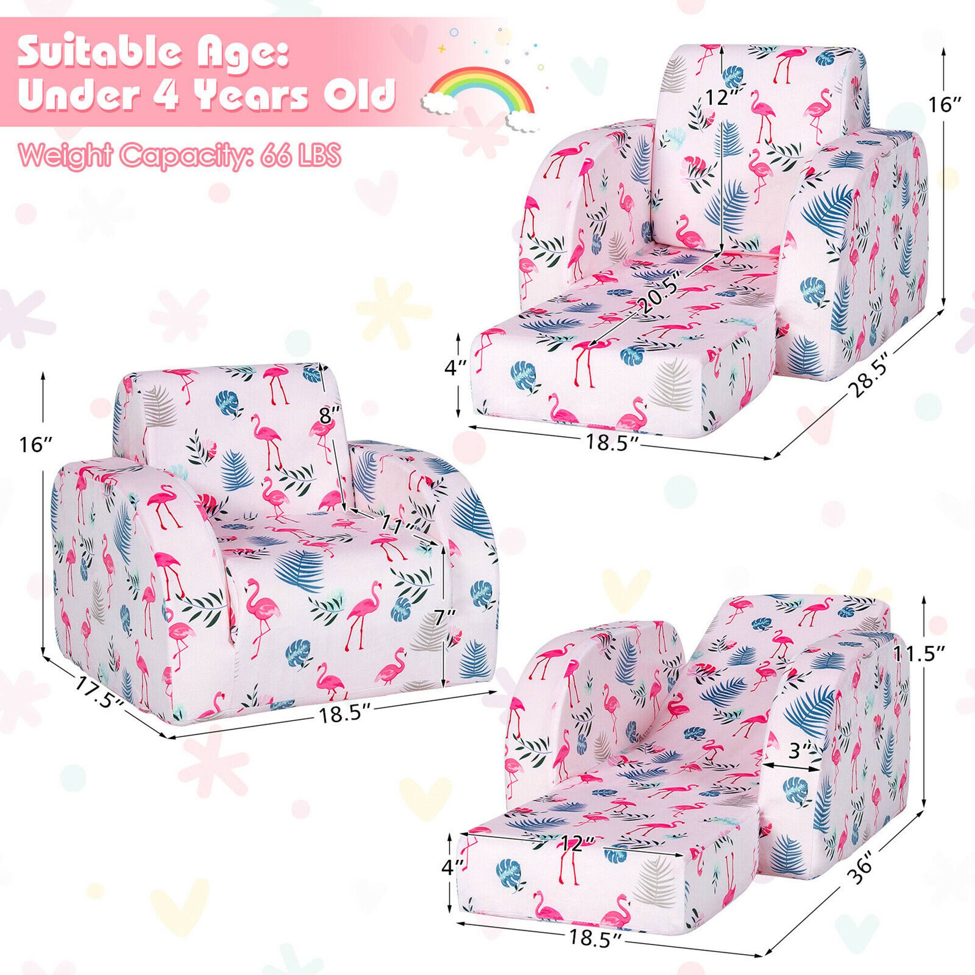 Suitable Age: Under 4 Years Old  
Weight Capacity: 66 LBS  

Dimensions:  
- 16" (Height)  
- 18.5" (Width)  
- 20.5" (Depth)  
- 12" (Back Height)  
- 16" (Armrest Height)  
- 8" (Seat Height)  
- 4" (Armrest Width)  
- 28.5" (Overall Length)  
- 17.5" (Seat Length)  
- 18.5" (Seat Width)  
- 11.5" (Armrest Height)  
- 3" (Armrest Width)  
- 36" (Overall Length)  
- 18.5" (Seat Width)