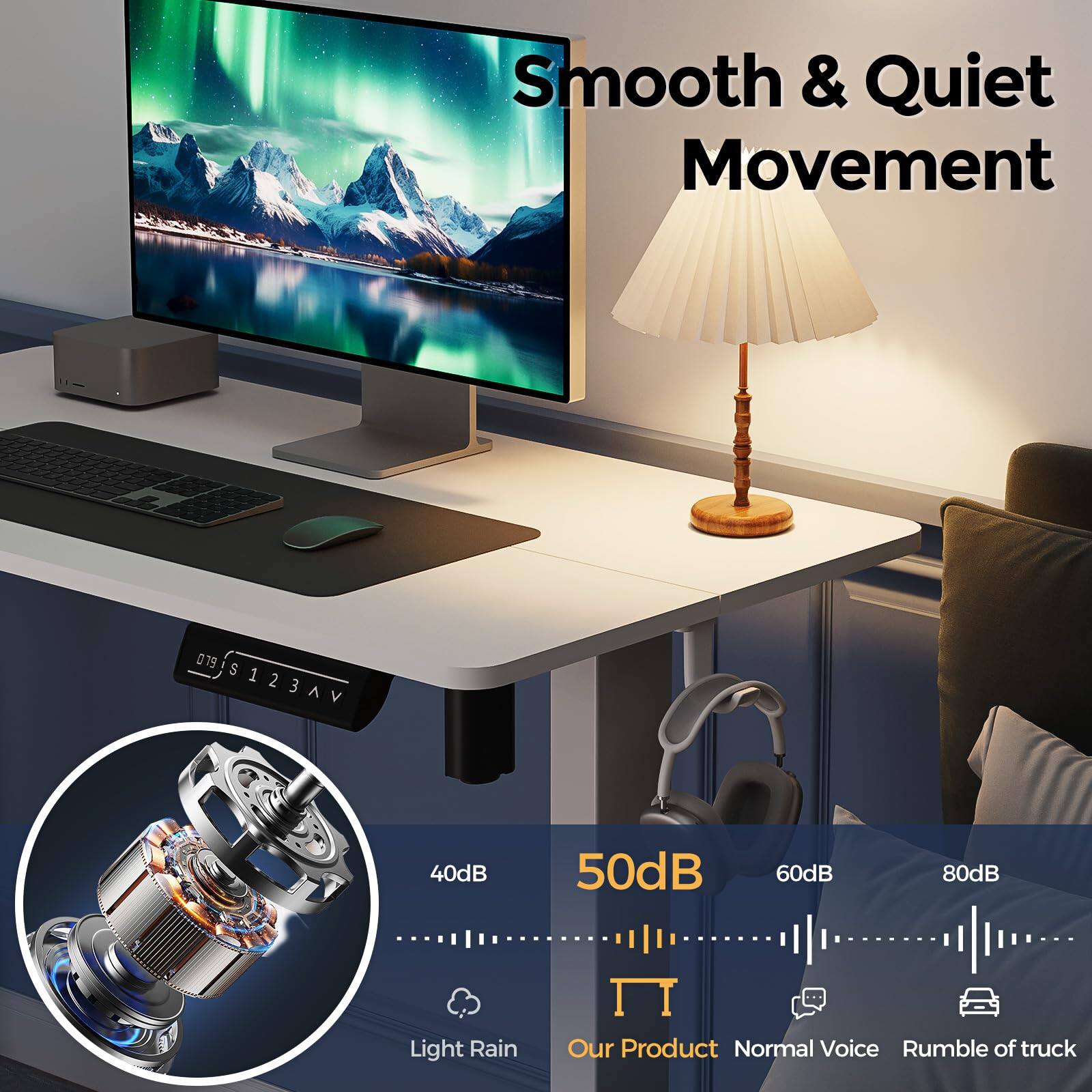 Smooth & Quiet Movement

09 $123AV

40dB 50dB 60dB 80dB

Light Rain Our Product Normal Voice Rumble of truck