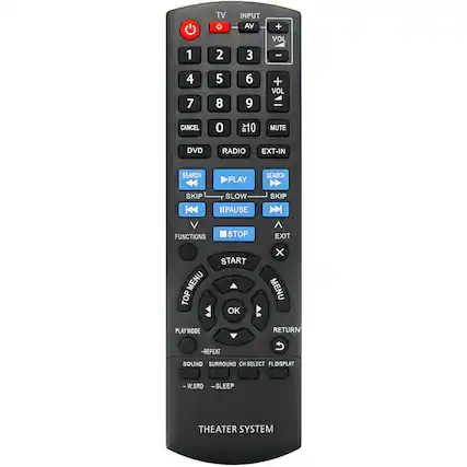 TV INPUT AV + 1 2 3 VOL - 4 7 5 8 6 9 + VOL CANCEL 0 10 MUTE DVD RADIO EXT-IN SEARCH SKIP PLAY SLOW SEARCH H SKIP IIPAUSE FUNCTIONS STOP EXIT MENU TOP START OK x MENU PLAY MODE RETURN -REPEAT SOUND SURROUND CH SELECT FLDISPLAY W.SRD -SLEEP THEATER SYSTEM
