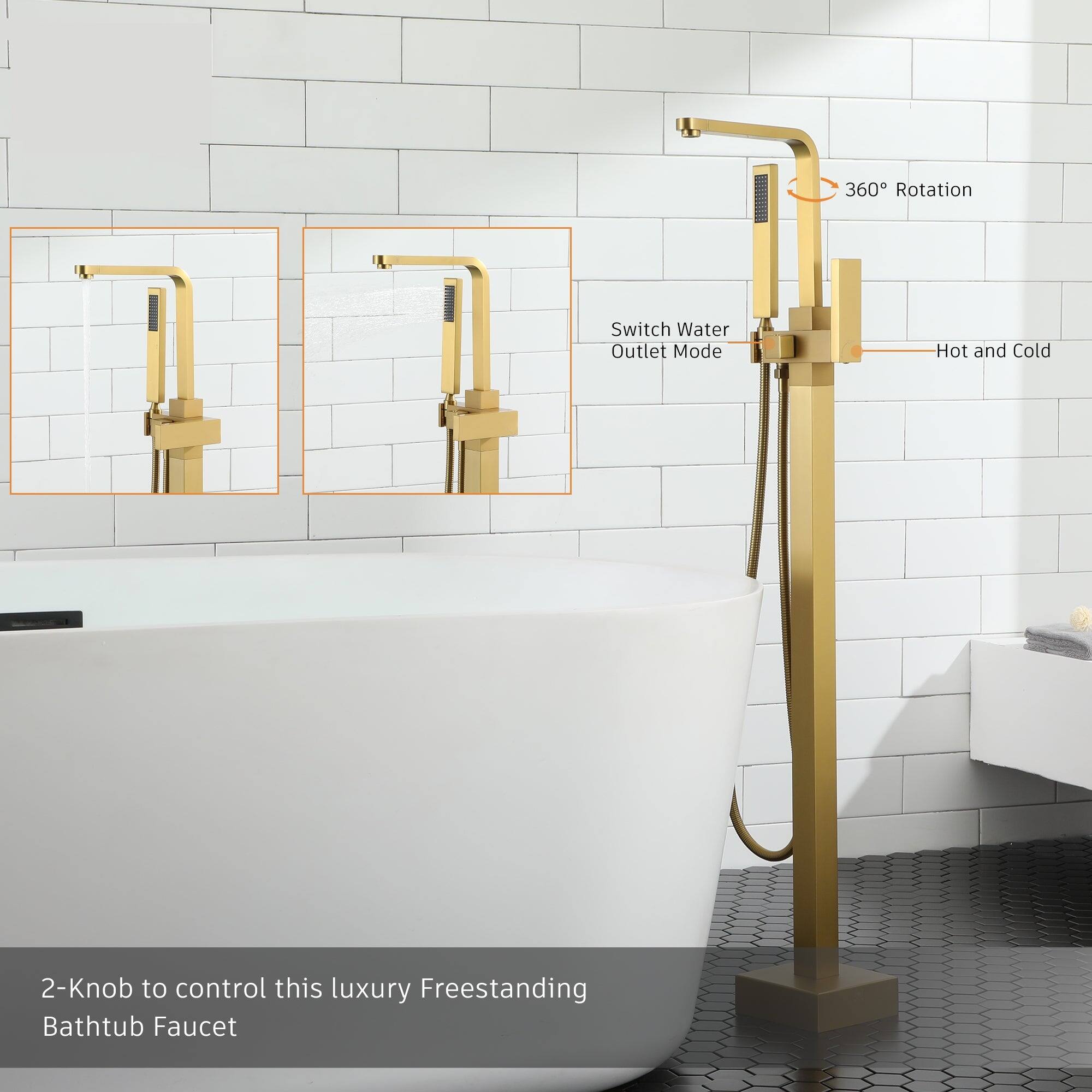 360 Rotation, Switch Water Outlet Mode, Hot and Cold, 2-Knob to control this luxury Freestanding Bathtub Faucet