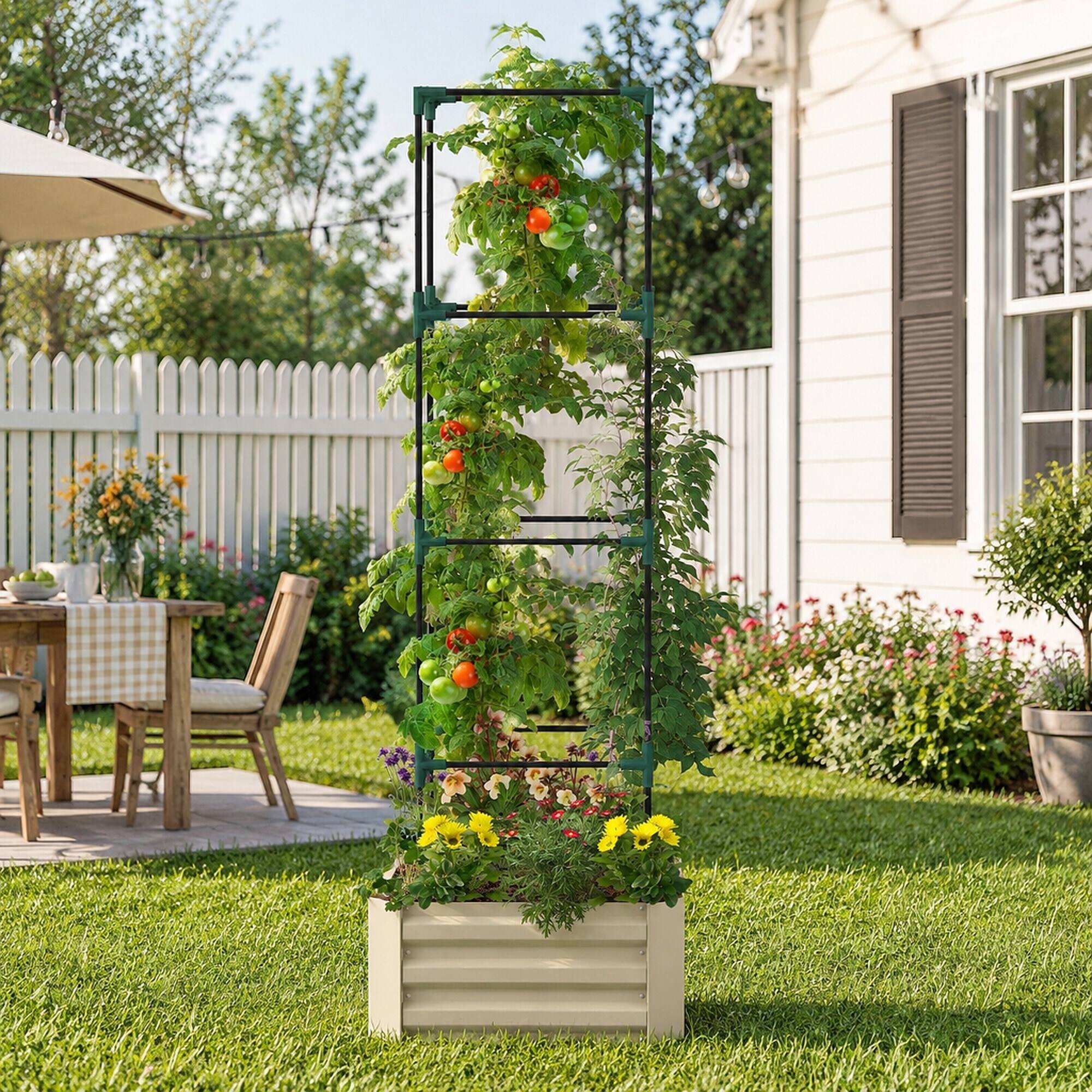 Alt View 1. RYHNUYNE - Galvanized Raised Garden Bed 24" x 24" with Trellis Tomato Cage, Open Bottom Metal Planter Box for Climbing - White.