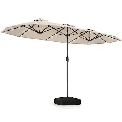 Front. Costway - Costway 13FT Double-sided Patio Umbrella with Solar Lights Crank Handle Umbrella Base - Beige.