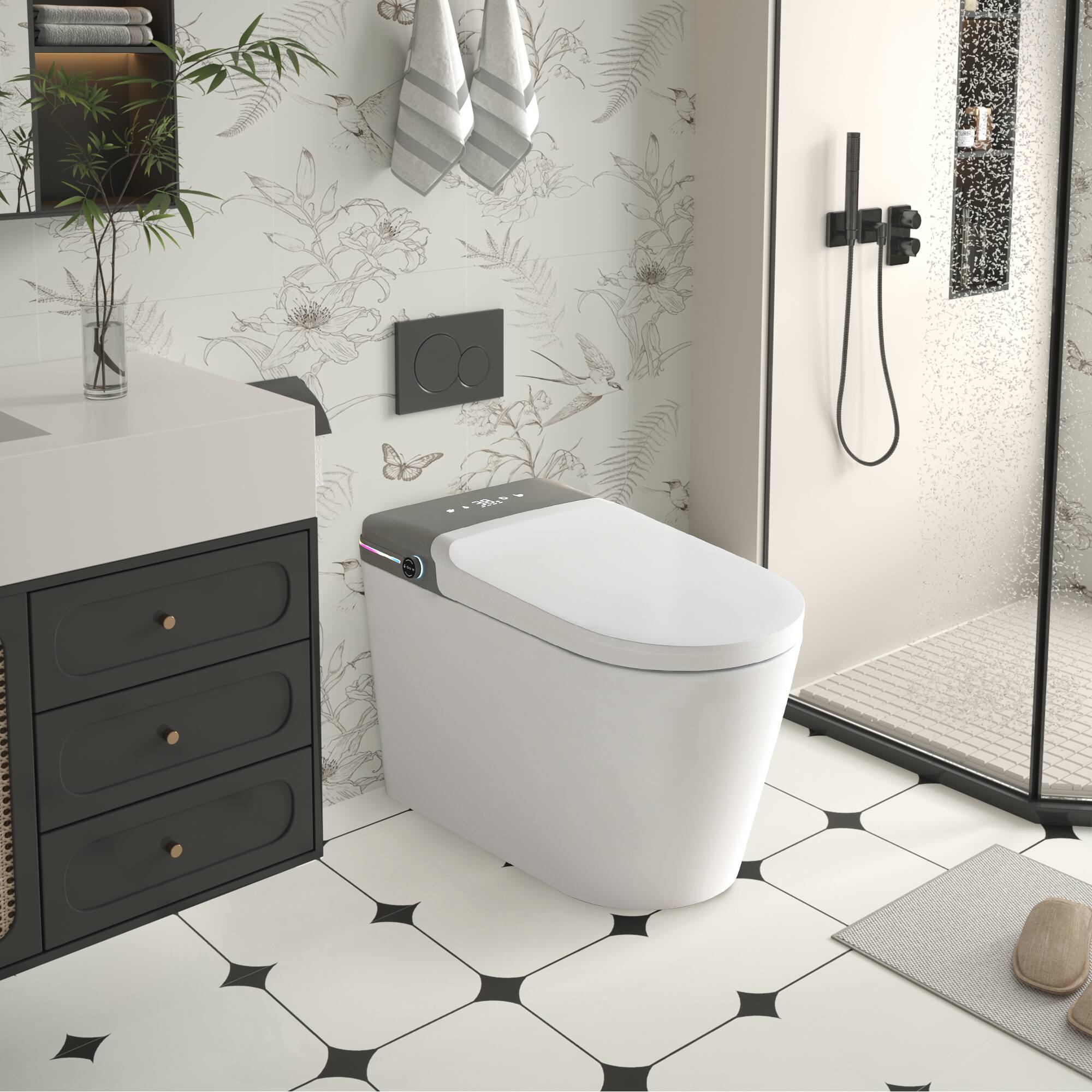 Angle. Tiramisubest - Smart Bidet Toilet with Remote,Tankless Toilet with LED Display,Auto Open/Auto Heated,Warm Water And Dry,Off Seat Flush - White.