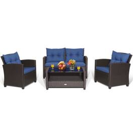 Kadyn - 4 Pieces Patio Rattan Furniture Set, Outdoor Furniture Garden Conversation Sets with TempeNavy Glass Coffee Table-Navy - Blue