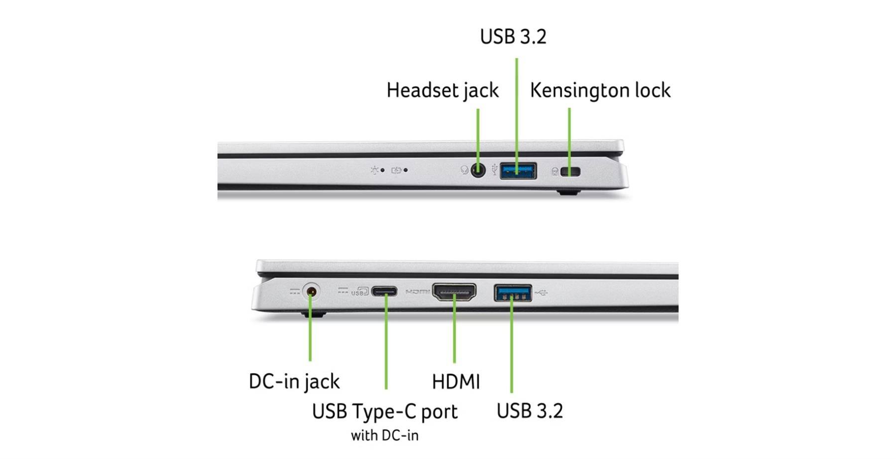 - USB 3.2
- Headset jack
- Kensington lock

- DC-in jack
- HDMI
- USB Type-C port with DC-in
- USB 3.2