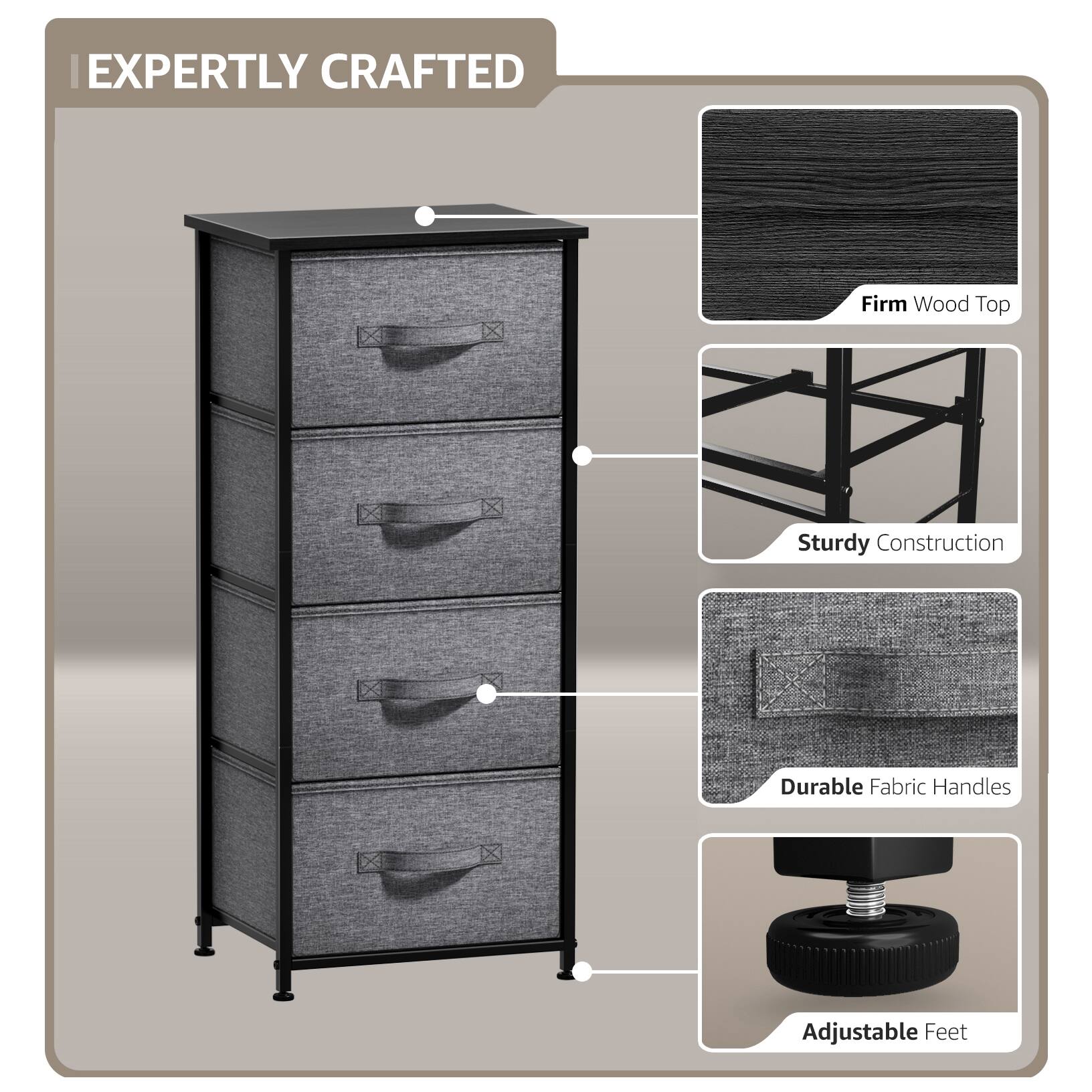 EXPERTLY CRAFTED

- Firm Wood Top
- Sturdy Construction
- Durable Fabric Handles
- Adjustable Feet