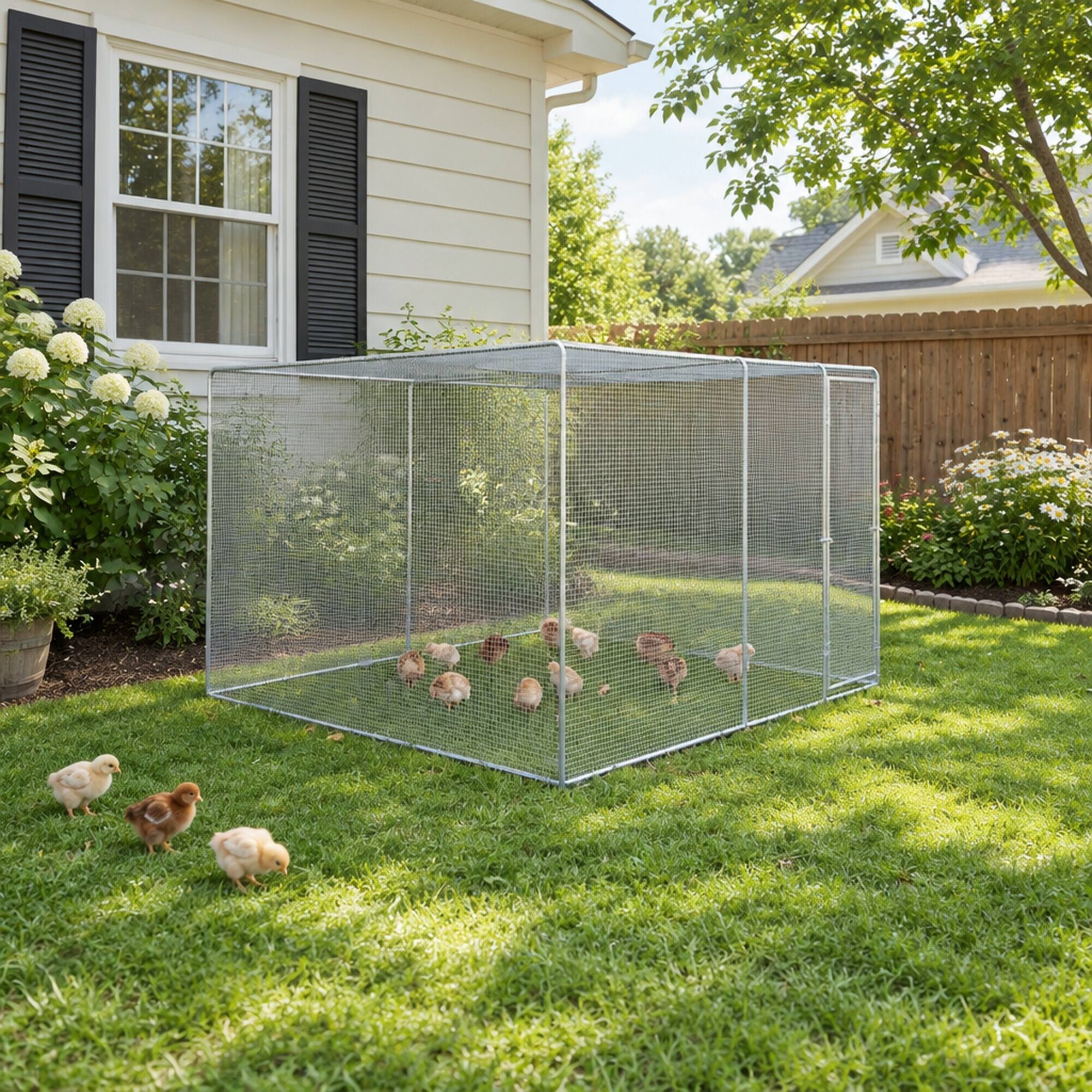 Back. RYHNUYNE - Chicken Coop 9.8x6.5x6.5 ft, Galvanized Steel Frame, PVC-Coated Wire Mesh, Green Cover, Outdoor Pet Enclosure.