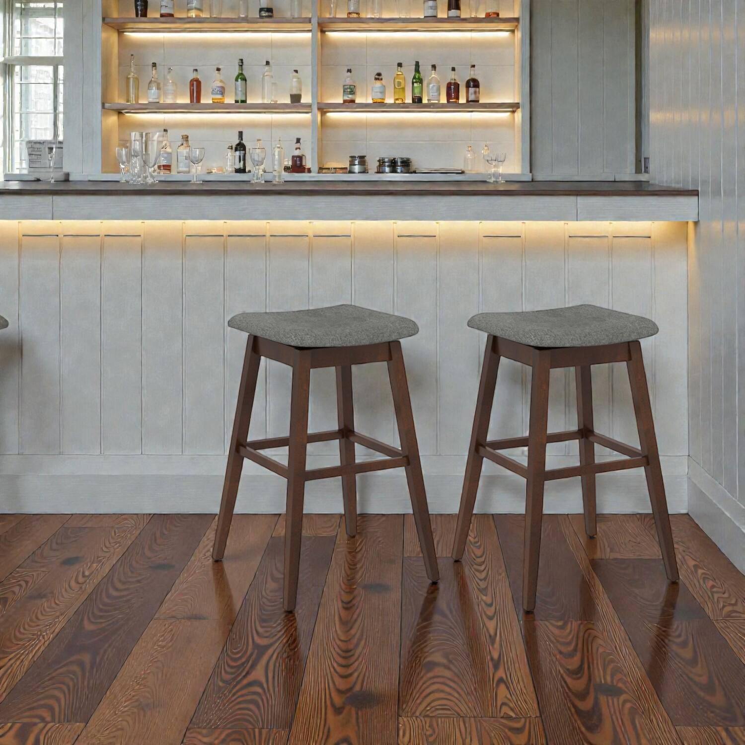 Front. Hivvago - Swivel Counter Bar Stools with Wooden Legs and Integrated Footrest - Set of 2 - Brown.