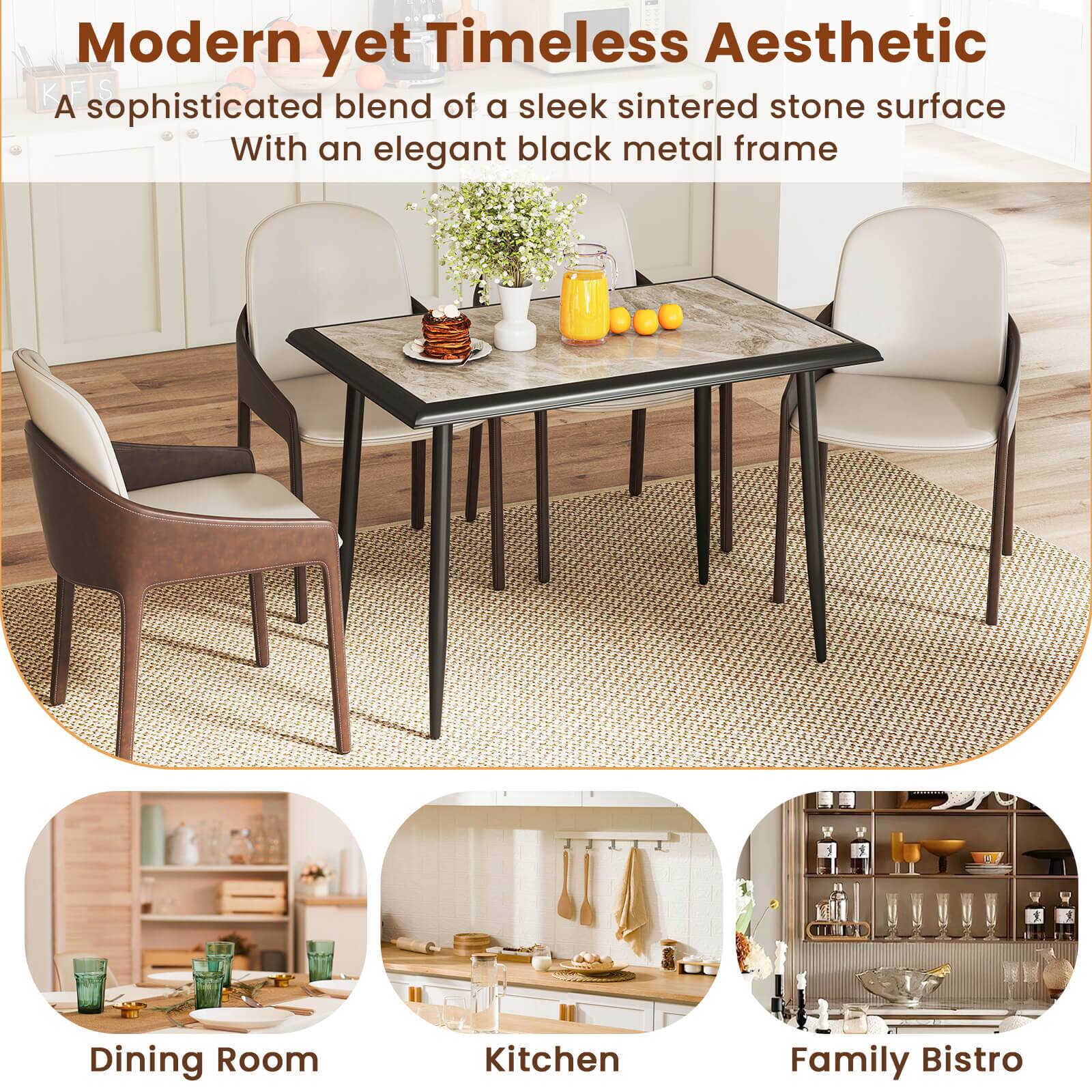 Modern yet Timeless Aesthetic  
A sophisticated blend of a sleek sintered stone surface with an elegant black metal frame  

Dining Room  
Kitchen  
Family Bistro