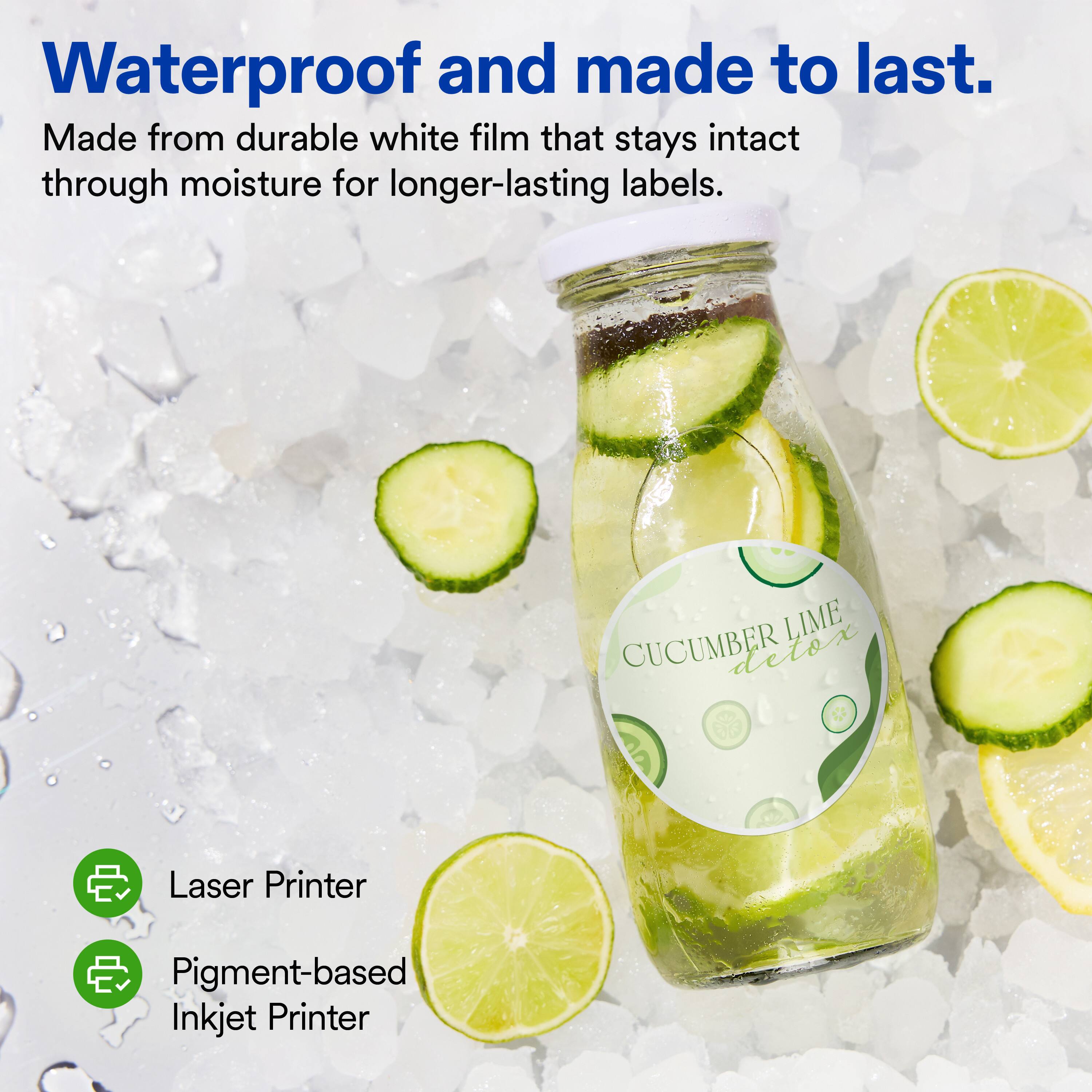 Waterproof and made to last.  
Made from durable white film that stays intact through moisture for longer-lasting labels.  

LIME CUCUMBER  
aetox  

Laser Printer  
Pigment-based Inkjet Printer