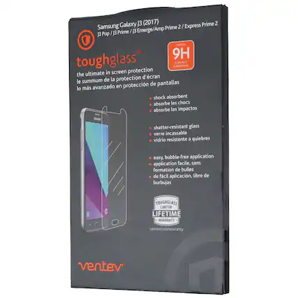 Samsung Galaxy J3 (2017)
J3 Pop / J3 Prime / J3 Emerge/Amp Prime 2 / Express Prime 2
toughglass™
the ultimate in screen protection
le summum de la protection d'écran
lo más avanzado en protección de pantallas
- shock absorbent
- absorbe les chocs
- absorbe los impactos
- shatter-resistant glass
- verre incassable
- vidrio resistente a quiebres
- easy, bubble-free application
- application facile, sans formation de bulles
- de fácil aplicación, libre de burbujas
RATED 9H SURFACE HARDNESS
TOUGHGLASS LIMITED LIFETIME WARRANTY
ventev.com/warranty