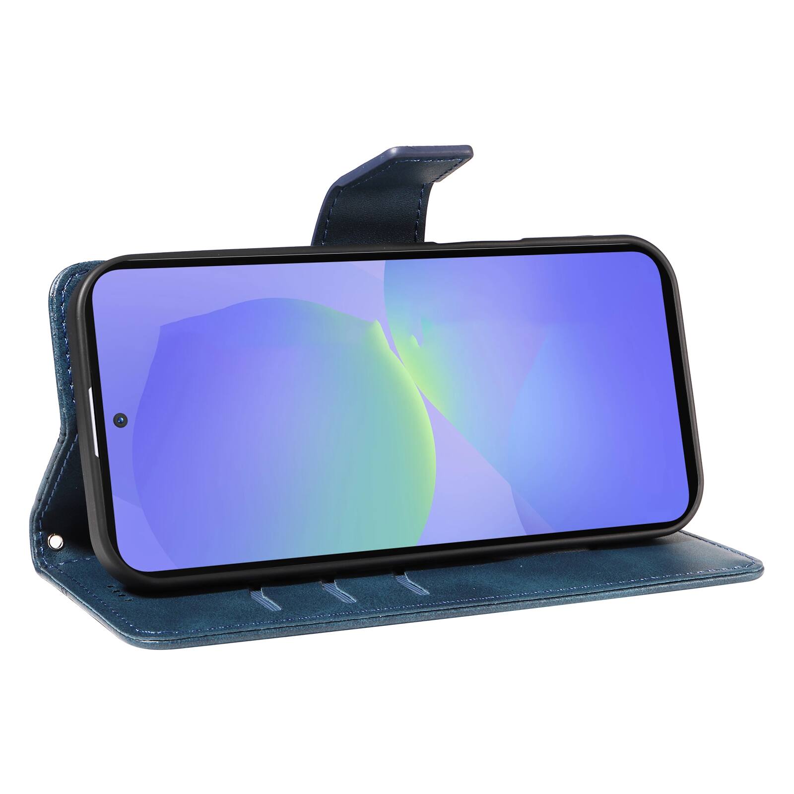Angle. Dteck - For Samsung Galaxy A17 5G Shockproof Leather Folio Kickstand Card Slots Wallet Case with Strap - Blue.