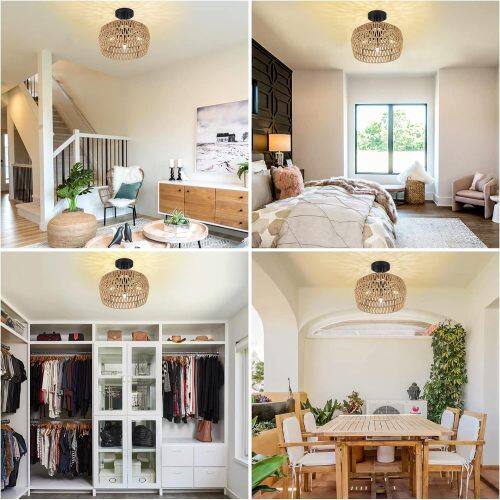 Alt View 1. LUCKY ONE - 12.6in Semi Flush Mount Rattan Ceiling Light, 3-Light Boho Wicker Fixture for Bedroom Hallway Kitchen - Brown.