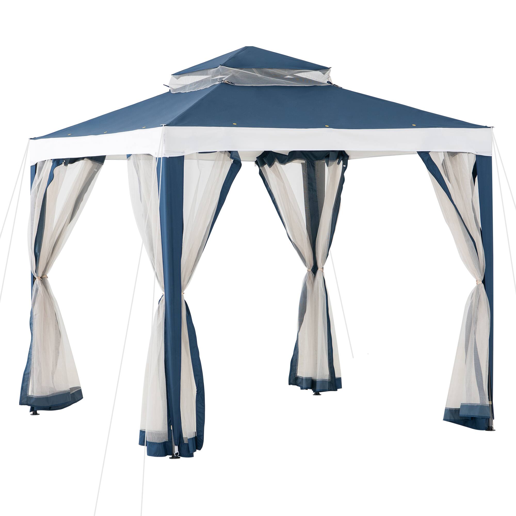 Angle. SUNJOY - Sunjoy 8’ x 8’ Outdoor Patio Gazebo Modern 2-Tier Steel Frame Soft Top Gazebo with Mesh Netting - Navy Blue & White.