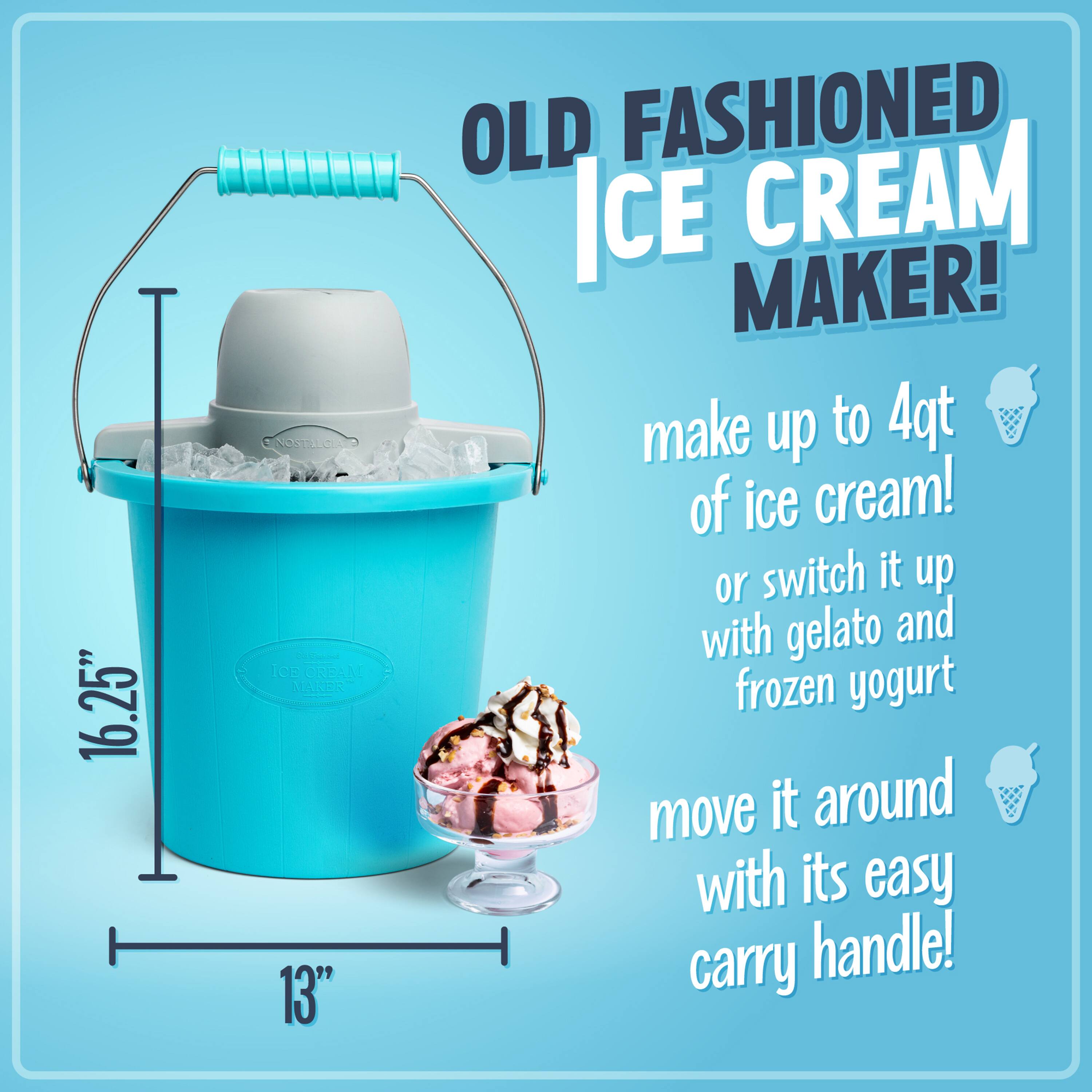 16.25" Nostalgia Ice Cream Maker!  
Old Fashioned Ice Cream Maker!  
Make up to 4qt of ice cream!  
Or switch it up with gelato and frozen yogurt  
Move it around with its easy carry handle!  
13"