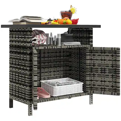 Front. Outsunny - Wicker Outdoor Storage Cabinet, Rattan Outdoor Bar Table with 2 Doors and Shelf, Outdoor Buffet Cabinet Sideboard - Mixed Gray.