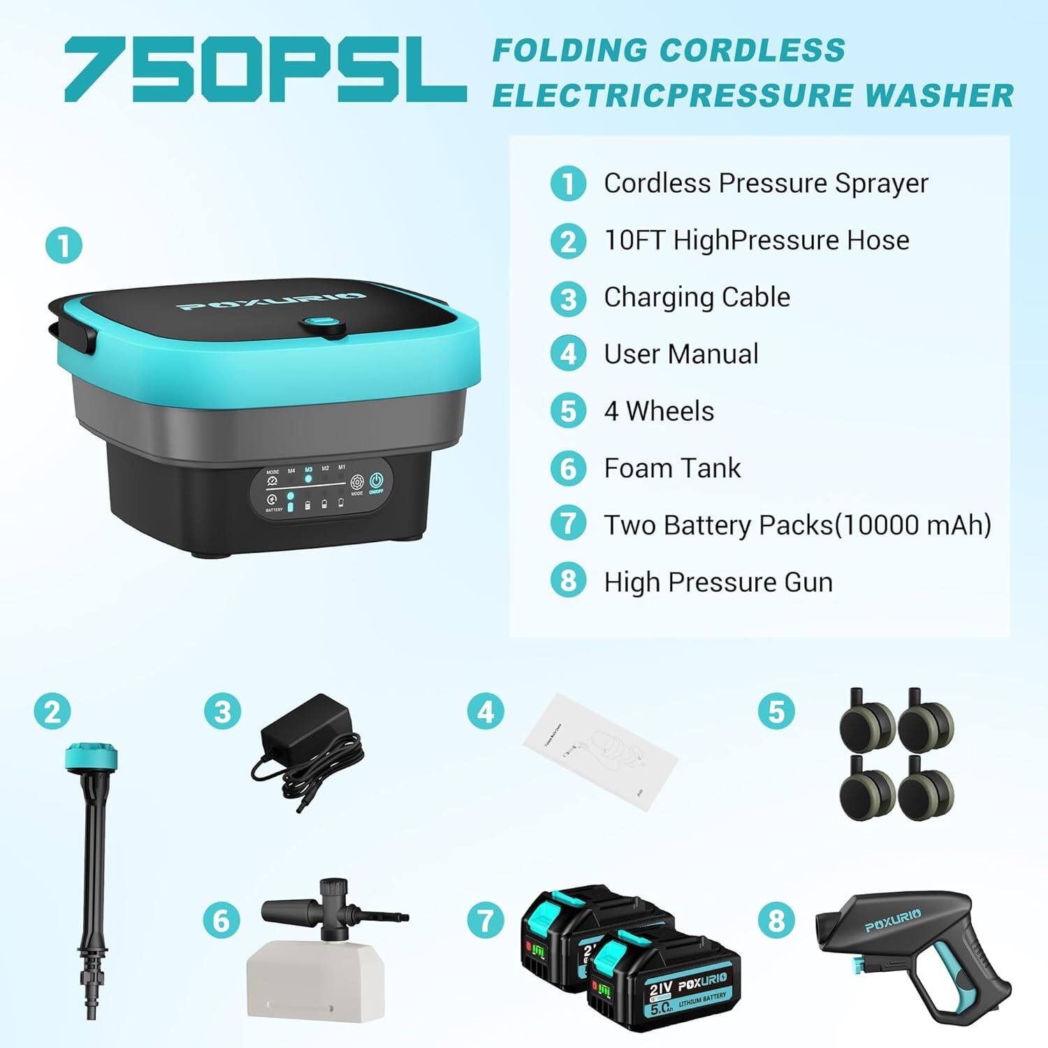 FOLDING CORDLESS ELECTRIC PRESSURE WASHER

1. Cordless Pressure Sprayer
2. 10FT High Pressure Hose
3. Charging Cable
4. User Manual
5. 4 Wheels
6. Foam Tank
7. Two Battery Packs (10000 mAh)
8. High Pressure Gun