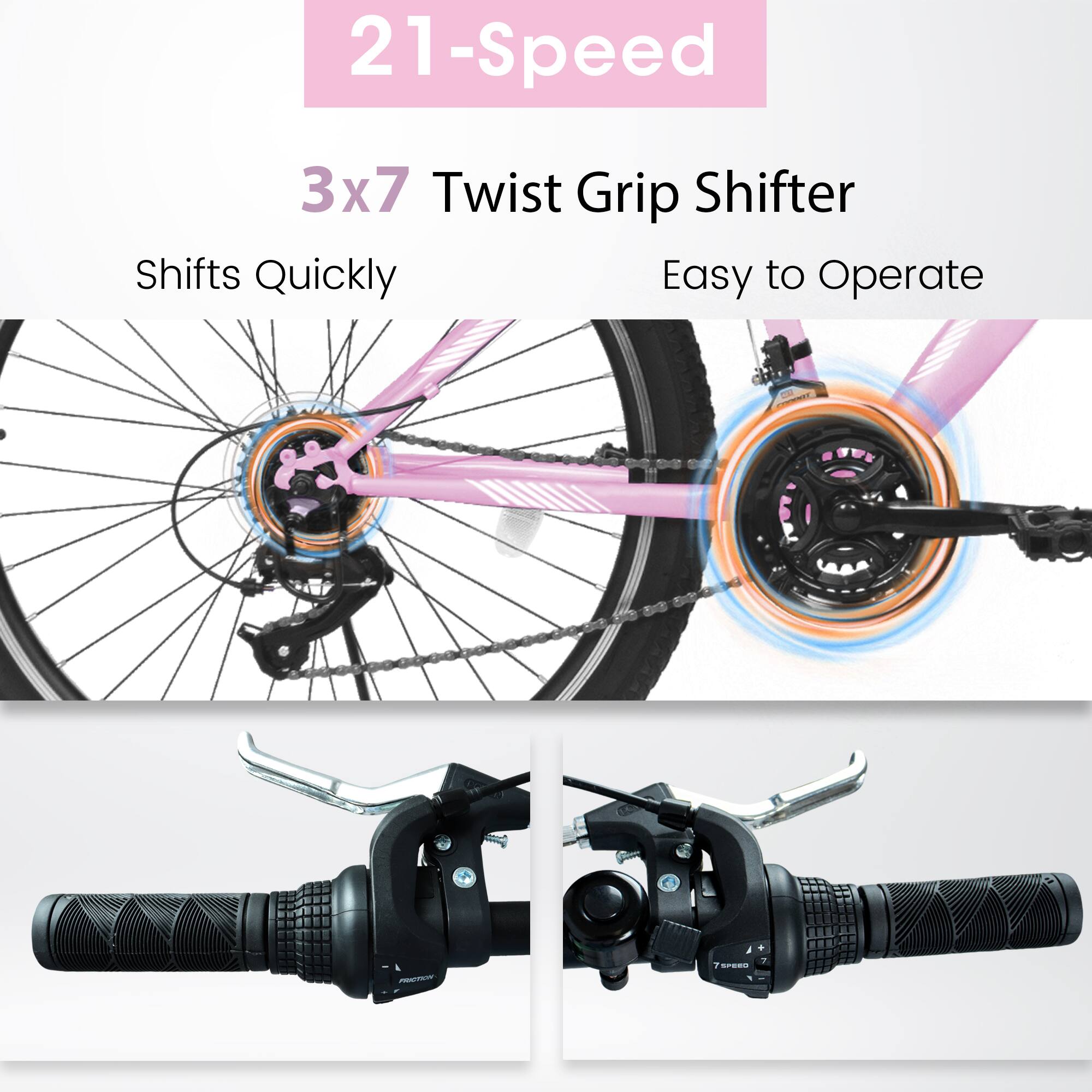 21-Speed  
3x7 Twist Grip Shifter  
Shifts Quickly  
Easy to Operate