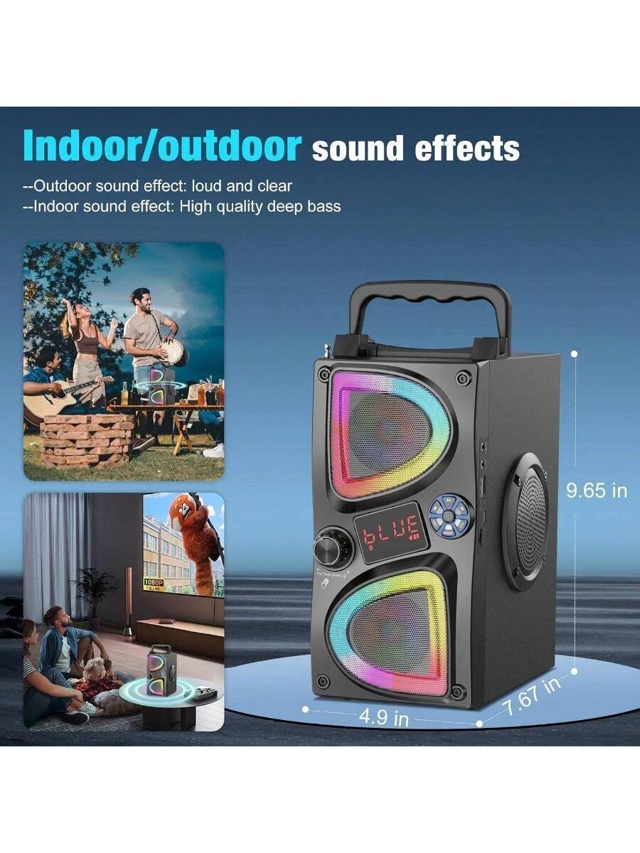 Indoor/outdoor sound effects

- Outdoor sound effect: loud and clear
- Indoor sound effect: High quality deep bass

9.65 in  
4.9 in  
7.67 in