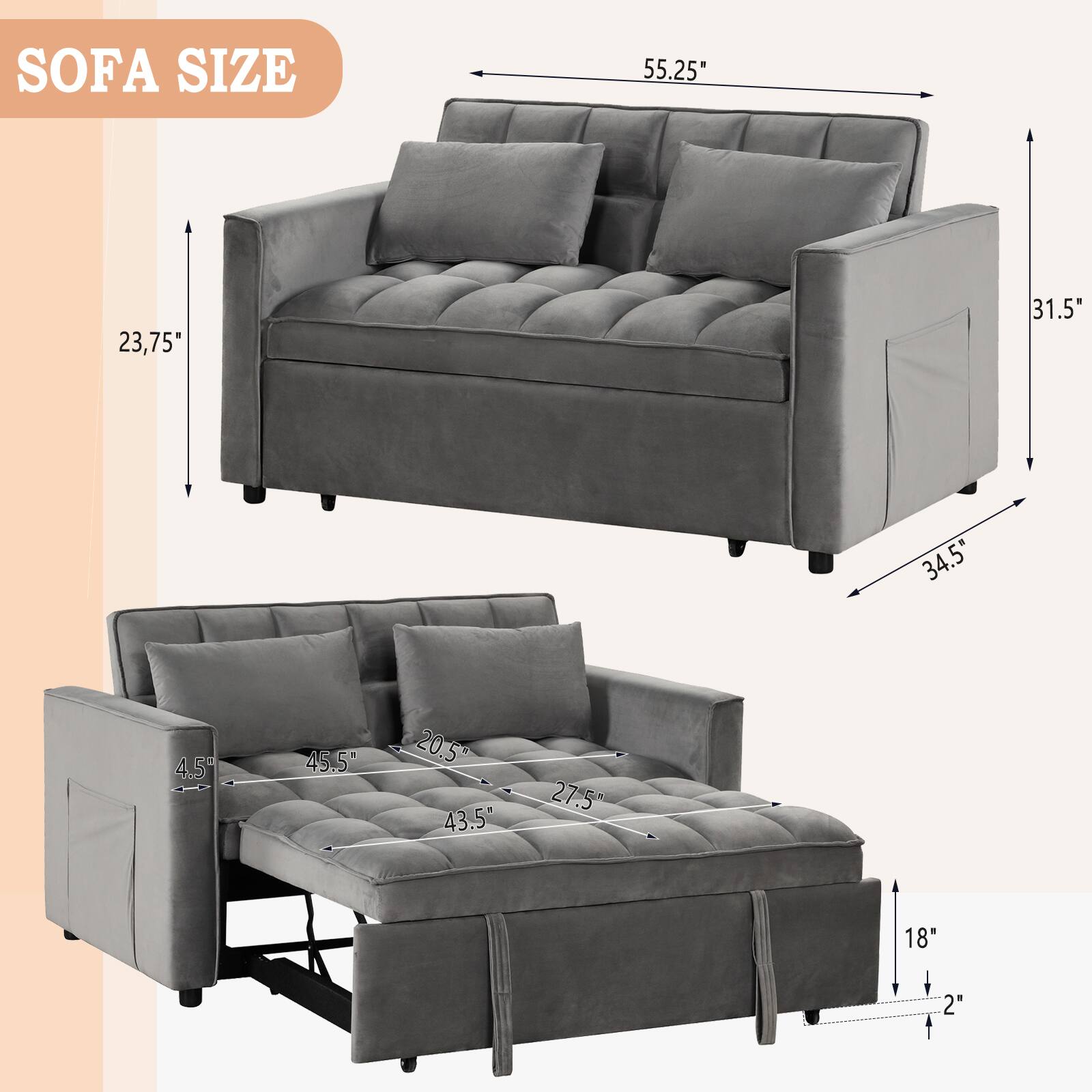 The text on the image reads "Sofa Size 55.25' 23,75 31.5" 34.5" 4.5" 45.5" 20.5 43.5 27.5 18" 2".