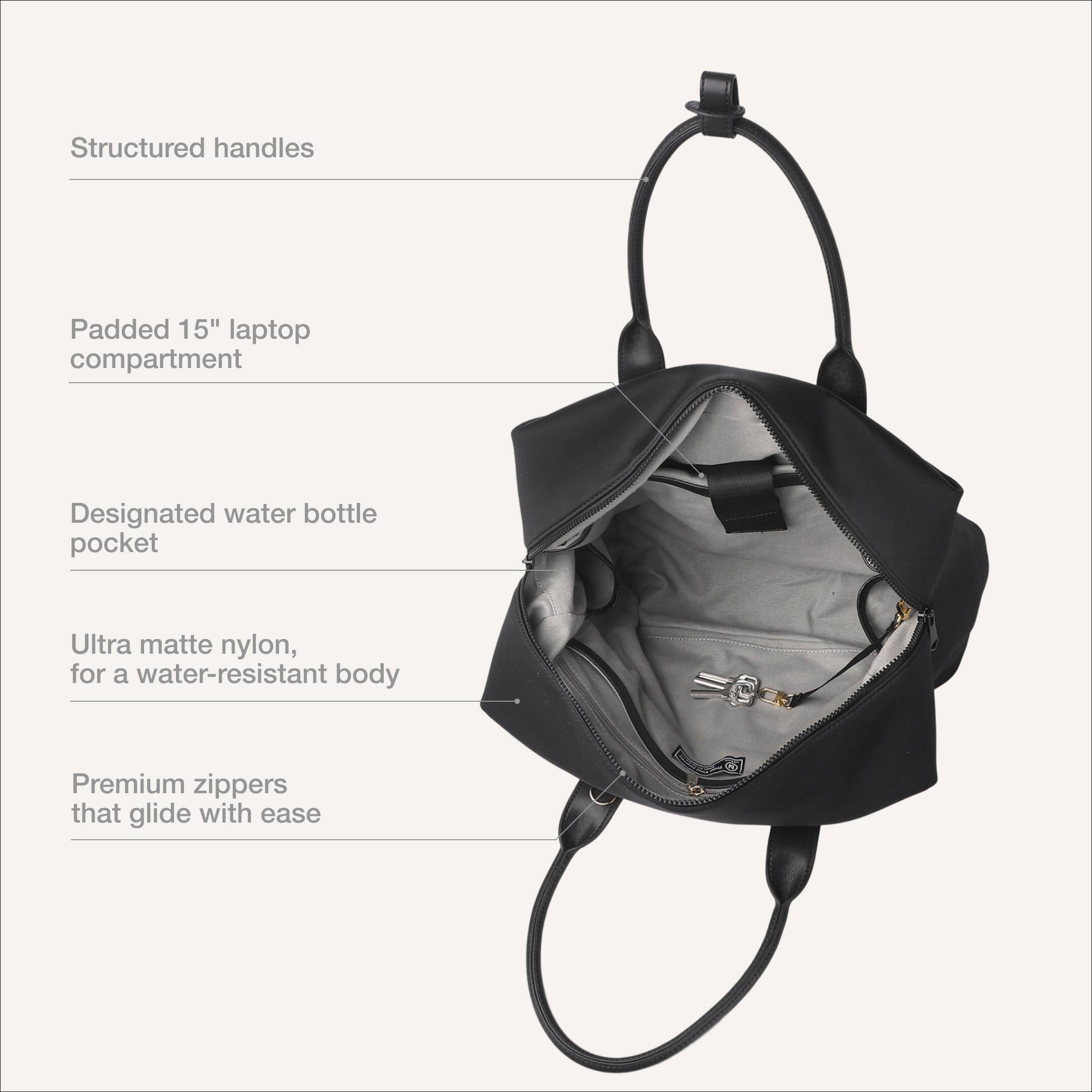 Structured handles  
Padded 15" laptop compartment  
Designated water bottle pocket  
Ultra matte nylon, for a water-resistant body  
Premium zippers that glide with ease