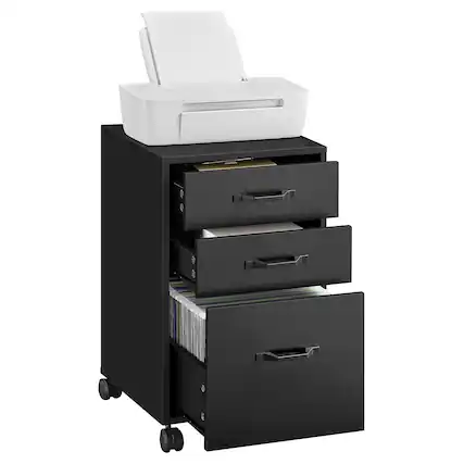Front. Songmics Home - File Cabinet with 3 Drawers,Rolling Office Filing Cabinet with Wheels,Letter Sized Documents,Hanging File Folders - Ink Black.
