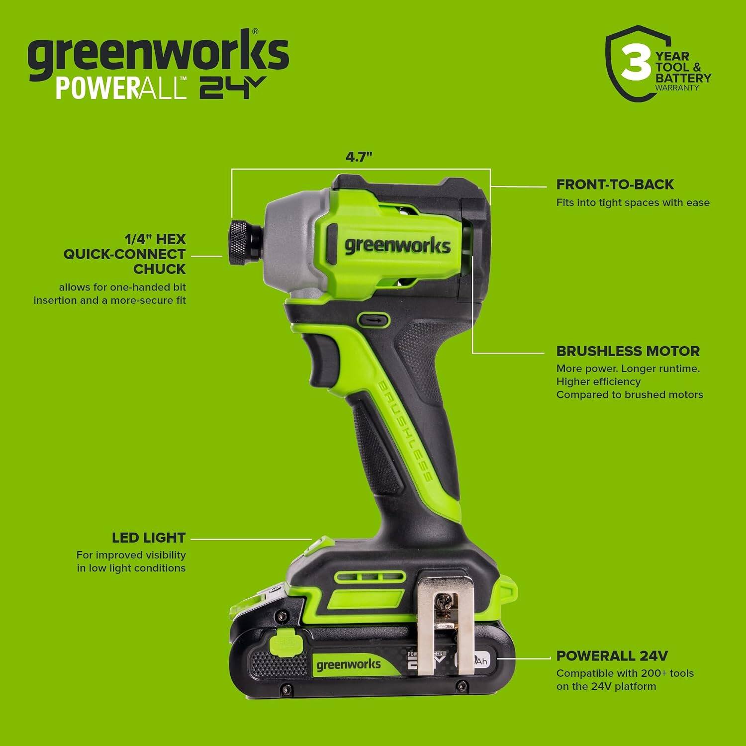 greenworks POWERALL 24V

3 YEAR TOOL & BATTERY WARRANTY

4.7" FRONT-TO-BACK Fits into tight spaces with ease

1/4" HEX QUICK-CONNECT CHUCK allows for one-handed bit insertion and a more-secure fit

LED LIGHT For improved visibility in low light conditions

BRUSHLESS MOTOR More power. Longer runtime. Higher efficiency Compared to brushed motors

POWERALL 24V Compatible with 200+ tools on the 24V platform