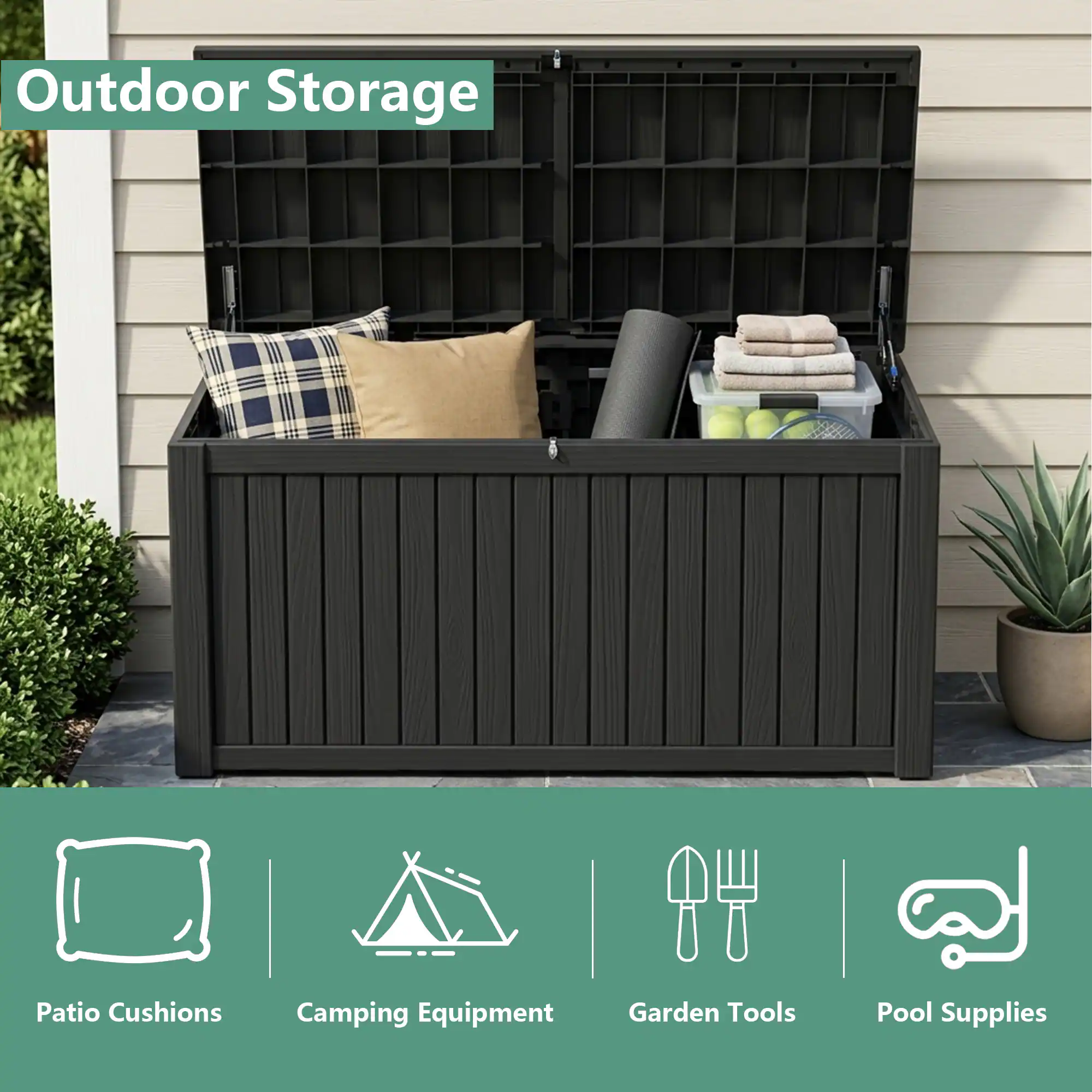 Outdoor Storage  
Patio Cushions  
Camping Equipment  
Garden Tools  
Pool Supplies