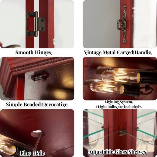 Smooth Hinges, Vintage Metal Carved Handle, Simple Beaded Decorative. Lighting System (Light bulbs are included). Line Hole Adjustable Glass Shelves