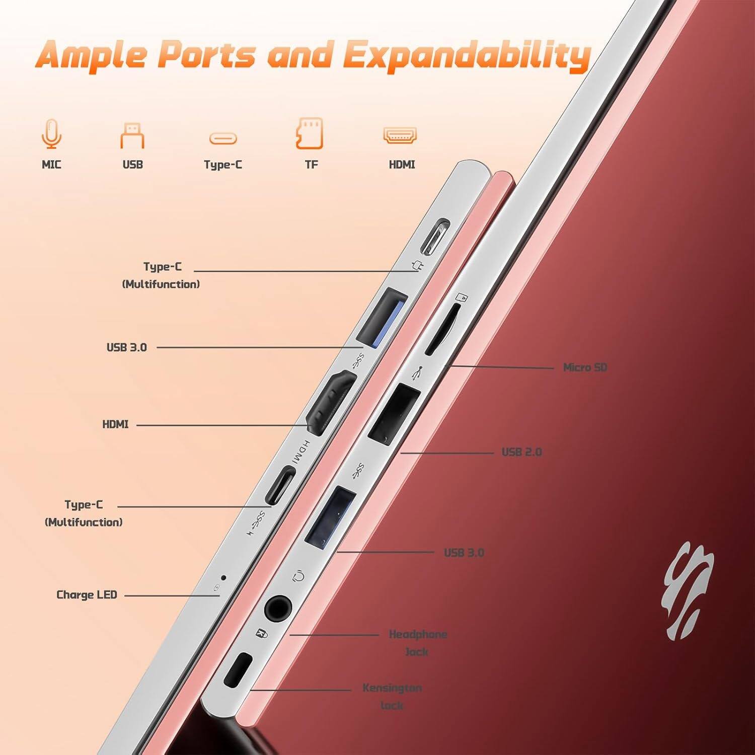 Ample Ports and Expandability

- MIC
- USB
- Type-C
- TF
- HDMI

- Type-C (Multifunction)
- USB 3.0
- HDMI
- Type-C (Multifunction)
- USB 2.0
- USB 3.0
- Charge LED
- Headphone Jack
- Kensington Lock
- Micro SD