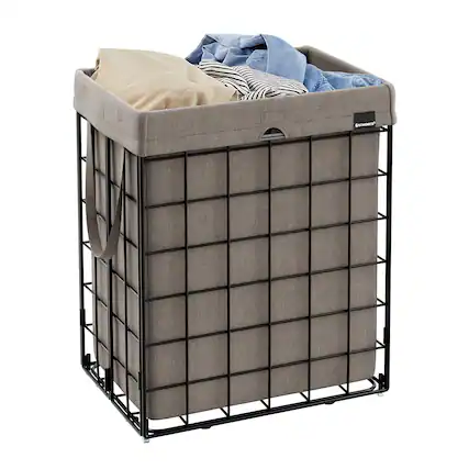 Front. Songmics Home - Laundry Hamper, 23.8 Gal.(90L)Laundry Basket, Collapsible Clothes Hamper, Removable and Washable Liner,Metal Wire Frame - Black and Camel Brown.