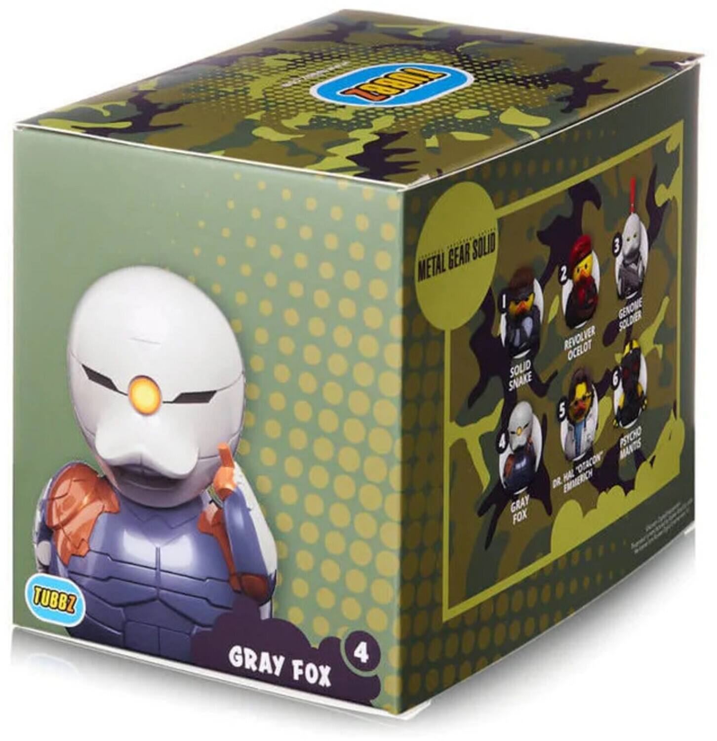 The text on the image can be grouped and corrected as follows:

- **Metal Gear Solid**
  - **Solid 3 Metal Gear**
  - **Revolver Ocelot**
  - **Solid Snake**
  - **Psycho Mantis**
  - **Geno (Genome) Soldier**
  - **Gray Fox**

The TUBBZ Gray Fox is a collectible figure from this series.