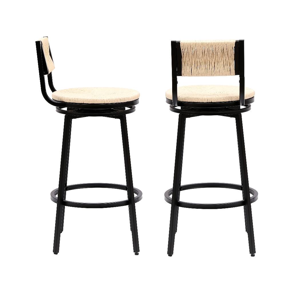 Alt View 1. Loheer - Loheer Creamy White Bar Stools Swivel Counter Chairs Set of 2 Hand Woven Paper Rope Metal Frame Rustic Kitchen Stools - Creamy White.
