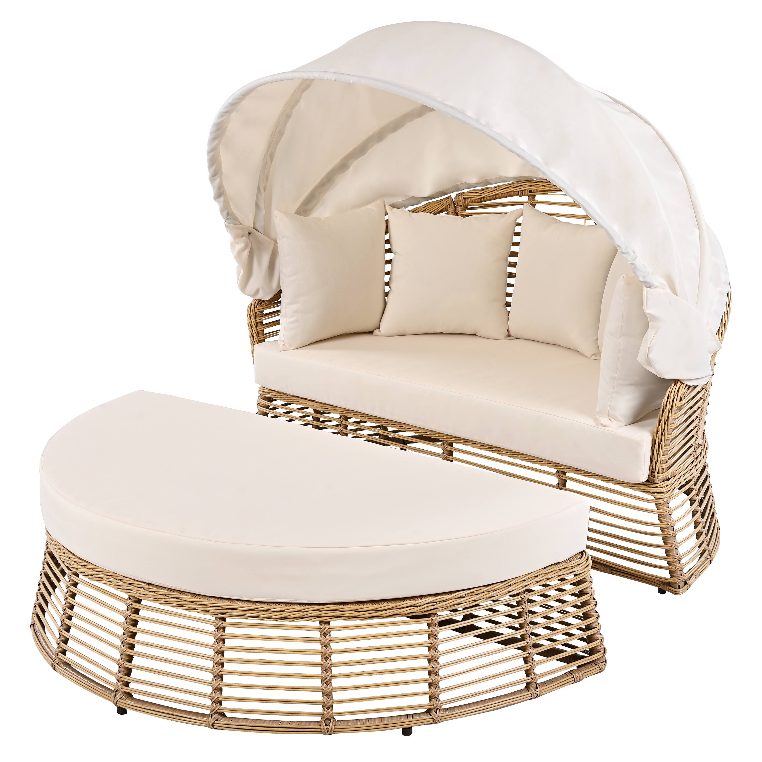 Left. Whisen - Outdoor Wicker Round Daybed with Retractable Canopy, Patio Furniture Sunbed with Cushions for Poolside - Beige.