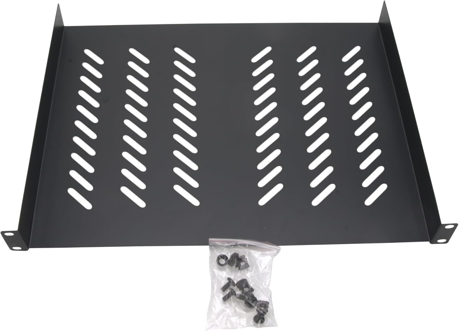 Front. Cables Direct Online - 1U 19" Vented Server Rack Shelf – 14" (350mm) Deep No-Lip Universal Mount Tray, 11 lb Capacity - Black.