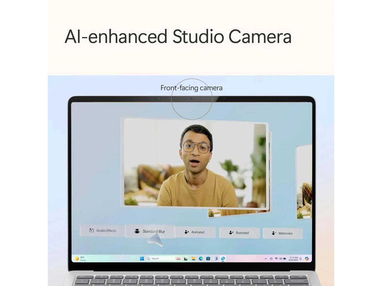 AI-enhanced Studio Camera  
Front-facing camera  
Studio Effects  
Standard Blur  
Animated  
Illustrated  
Watercolor  
P8Y  
Sueny  
Search  
1E91 AM  
w/neR