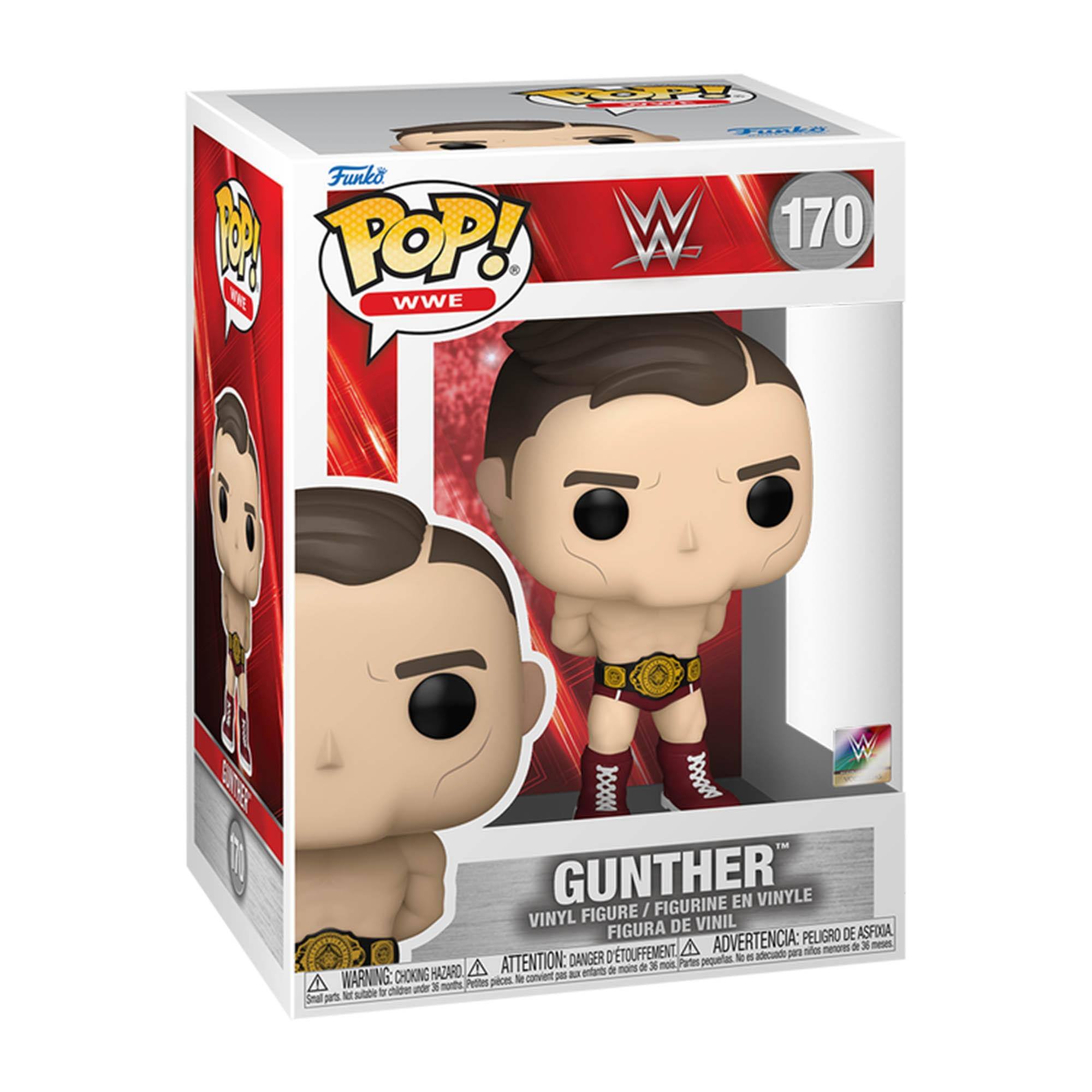Sure, here is the corrected and grouped text from the image:

---

**Front:**
- Funko POP! WWE
- 170
- GUNTHER
- VINYL FIGURE / FIGURINE EN VINYLE / FIGURA DE VINIL / FIGURA DE VINIL
- WARNING: CHOKING HAZARD - Small parts. Not for children under 3 years. / ATTENTION: PELIGRO DE ASFIXIA - Piezas pequeñas. No es adecuado para menores de 3 años. / ADVERTENCIA: DANGER D'ÉTOUFFEMENT - Petites pièces. Ne convient pas aux enfants de moins de 3 ans.

**Side:**
- Funko POP! WWE
- GUNTHER

**Bottom:**
- WARNING: CHOKING HAZARD - Small parts. Not for children under 3 years. / ATTENTION: PELIGRO DE ASFIXIA - Piezas pequeñas. No es adecuado para menores de 3 años. / ADVERTENCIA: DANGER D'ÉTOUFFEMENT - Petites pièces. Ne convient pas aux enfants de moins de 3 ans.

---