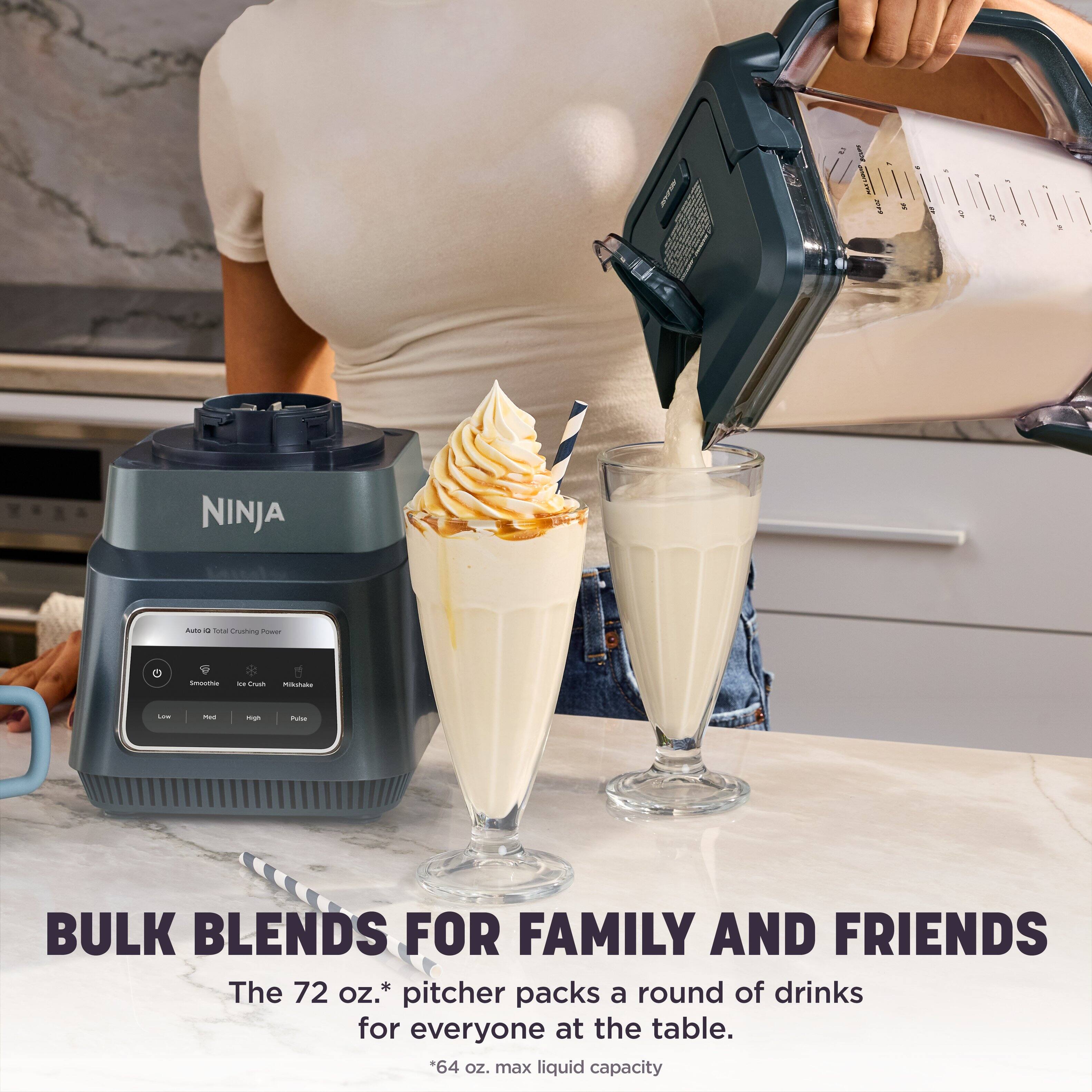 0% 1  NATIMUND was : , or  is  .
NINJA
Auto 4 Total Crushing Power
Smoothie
a oun
Mader
Low
med
High
Ne
BULK BLENDS FOR FAMILY AND FRIENDS The 72 oz.* pitcher packs a round of drinks for everyone at the table. *64 oz. max liquid capacity