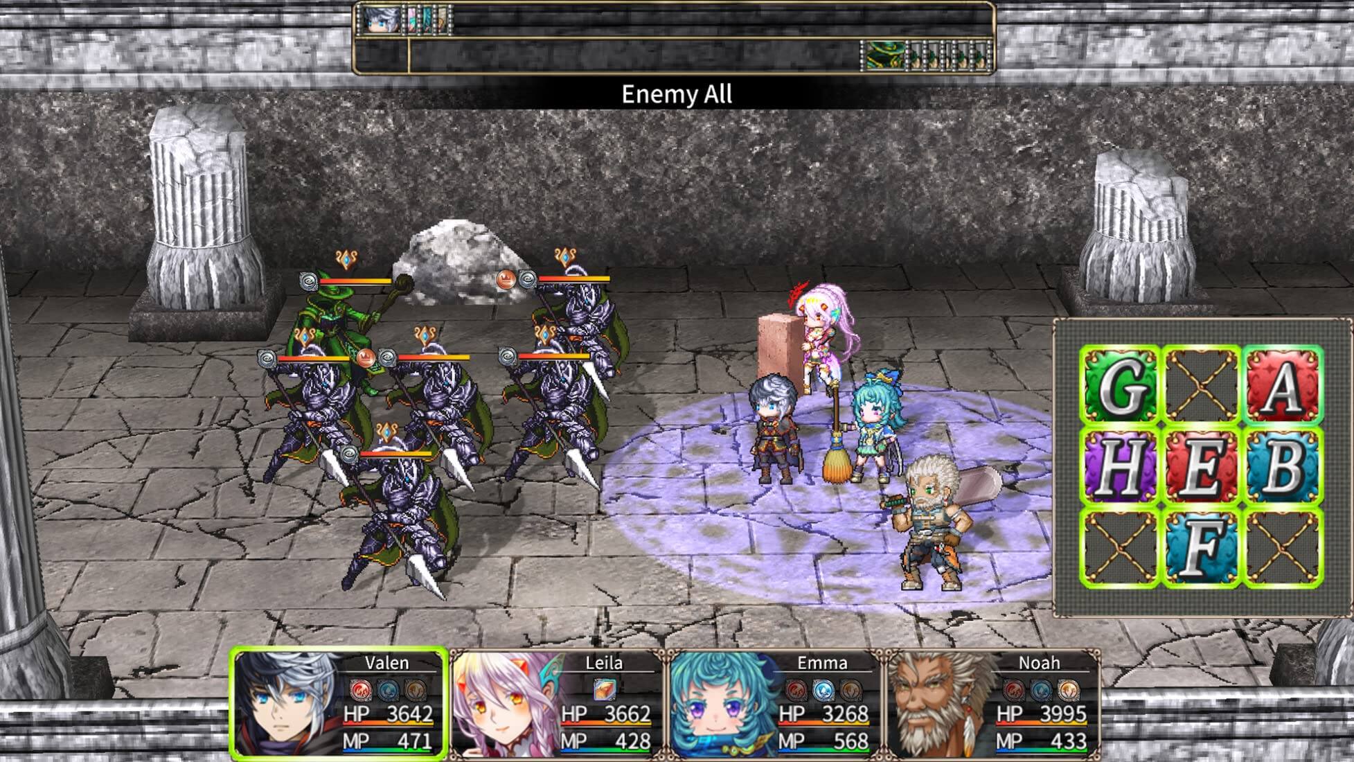 Enemy All

Valen
HP 3642
MP 471

Leila
HP 3662
MP 428

Emma
HP 3268
MP 568

Noah
HP 3995
MP 433

G H E B
A F