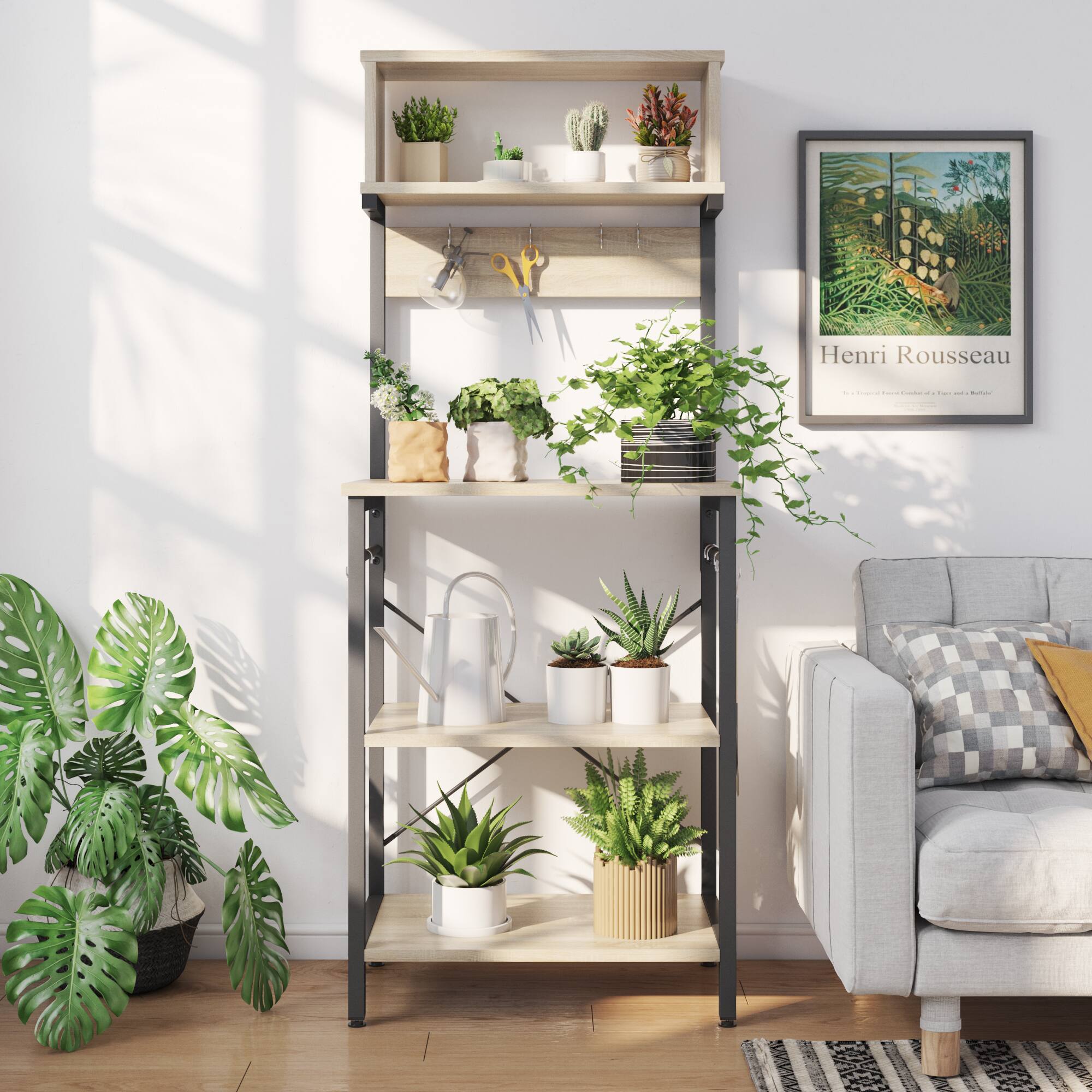 The image features a shelf with several potted plants on it, placed next to a couch. The shelf is filled with greenery, including a variety of potted plants. The plants are arranged in different sizes and positions, creating a visually appealing display. The shelf is situated in a living room, with the couch providing a comfortable seating area for relaxation and enjoying the greenery.