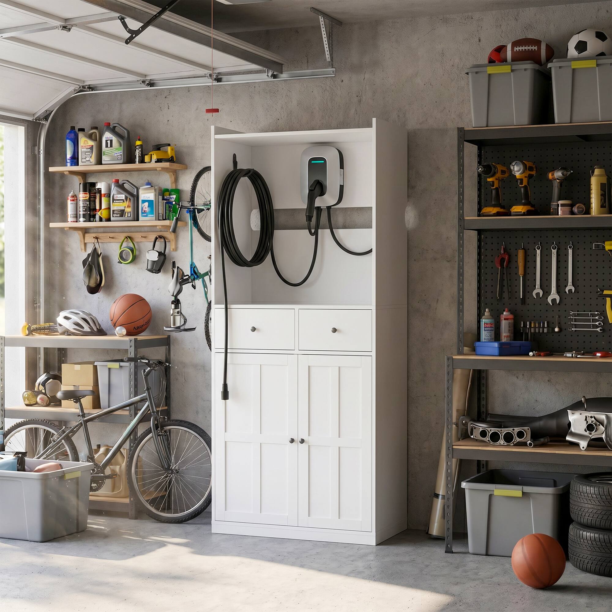 Left. Famapy - Modern Garage EV Charger Storage Cabinet with Cable Hooks, 2 Drawersr for Tools and Charging Station - White.