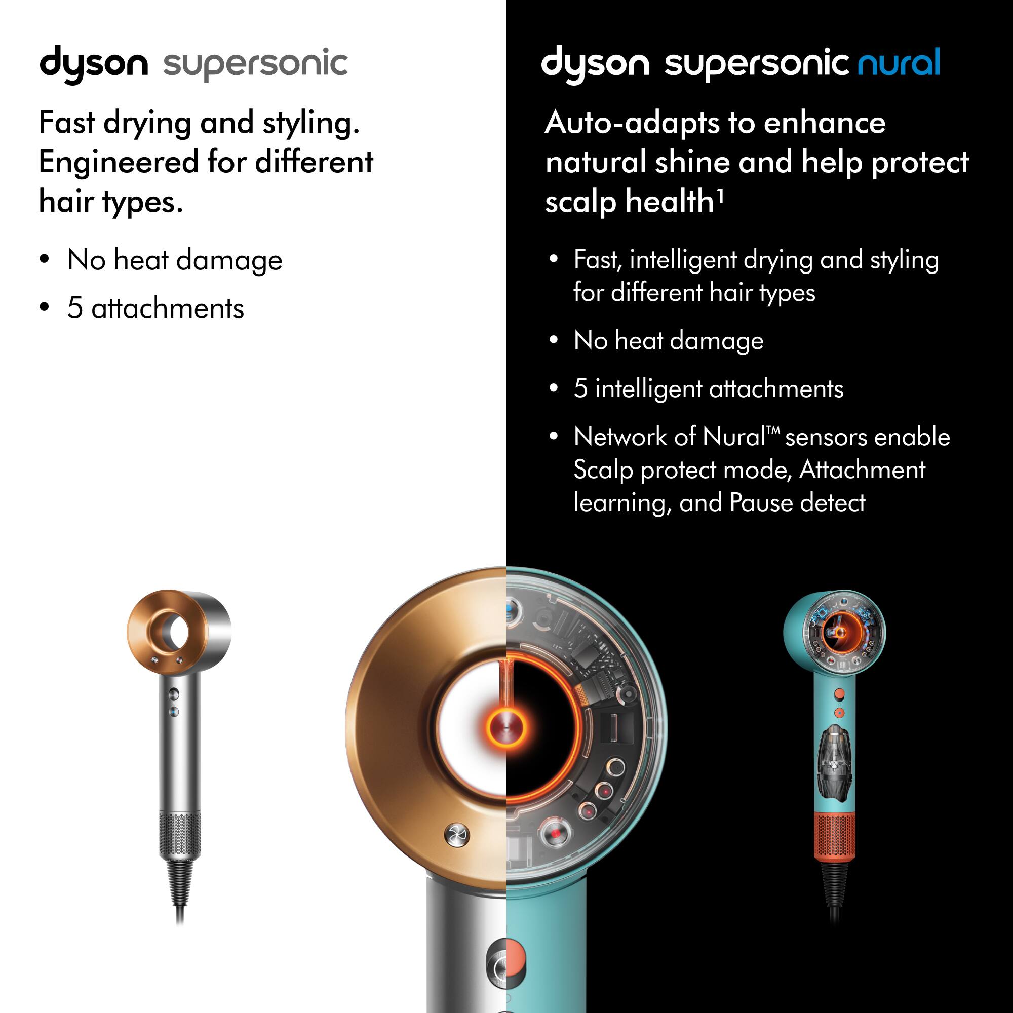 Dyson Supersonic:

* Fast drying and styling
* Engineered for different hair types
* No heat damage
* 5 attachments

Dyson Supersonic Nural:

* Auto-adapts to enhance natural shine and help protect scalp health
* Fast, intelligent drying and styling for different hair types
* No heat damage
* 5 intelligent attachments
* Network of Nural sensors enable Scalp protect mode, Attachment learning, and Pause detect.