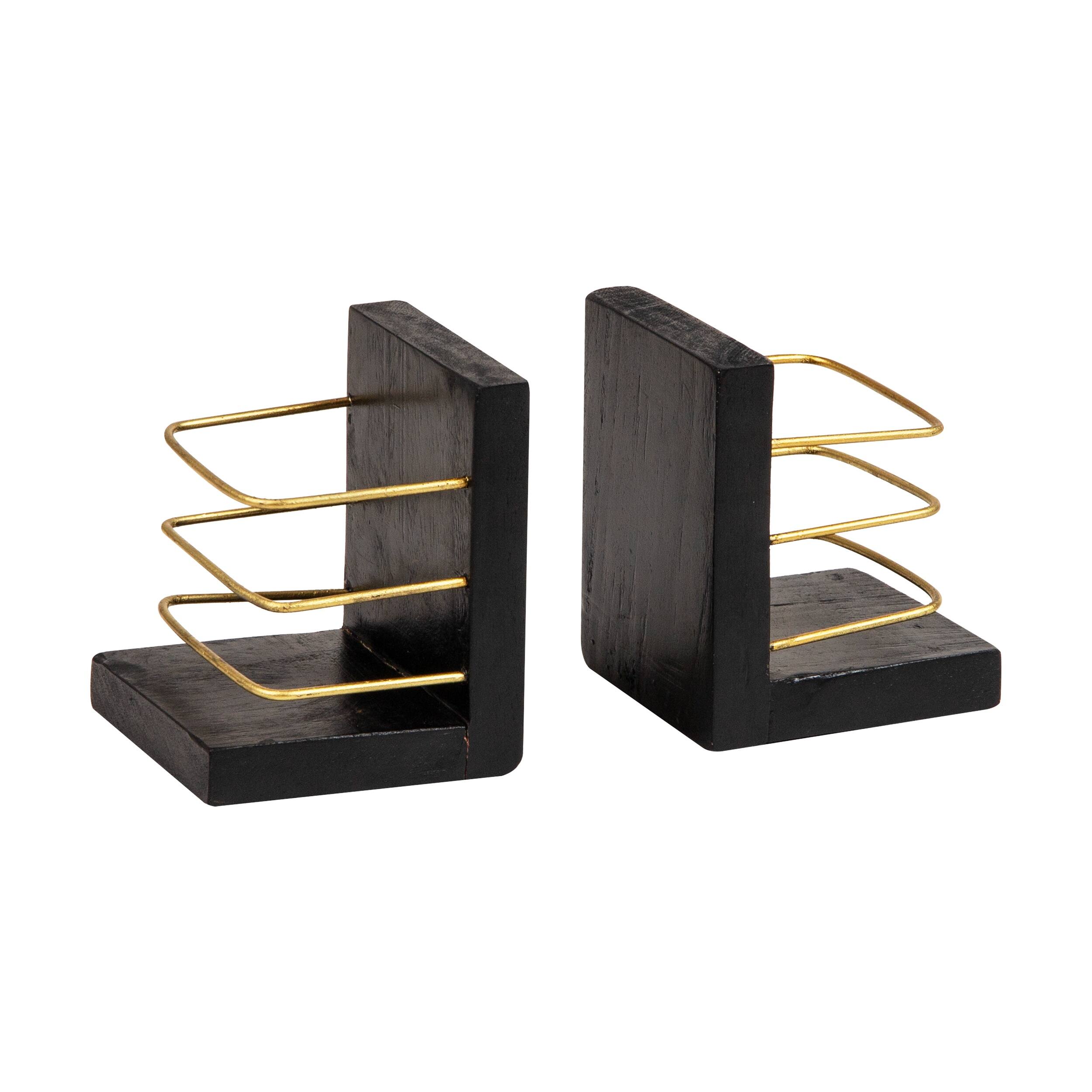 Alt View 6. Mind Reader - Decorative Basket Bookends, Office Decor with Storage, Wood and Metal, Set of 2 and Gold - Black.
