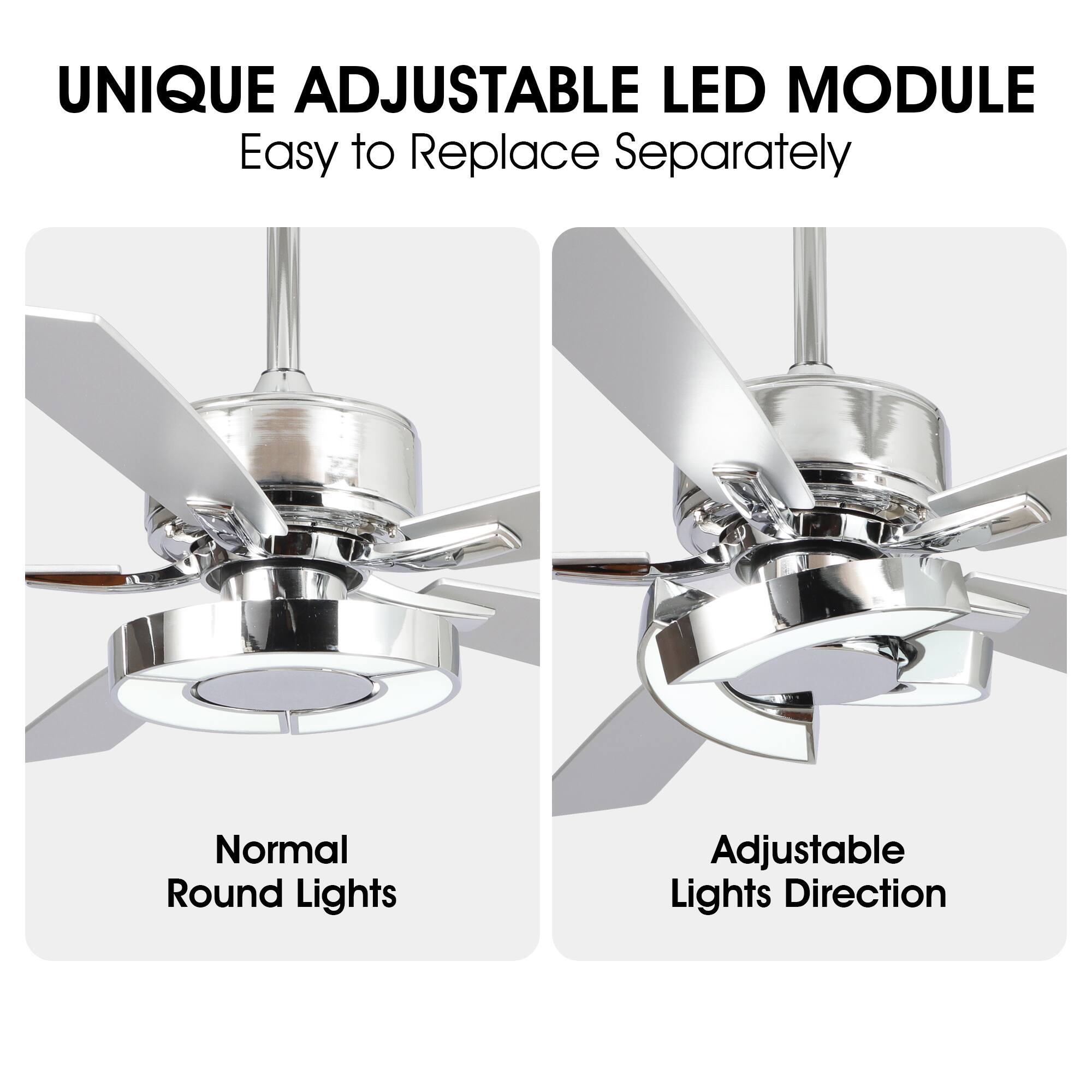 UNIQUE ADJUSTABLE LED MODULE  
Easy to Replace Separately  

Normal Round Lights  

Adjustable Lights Direction