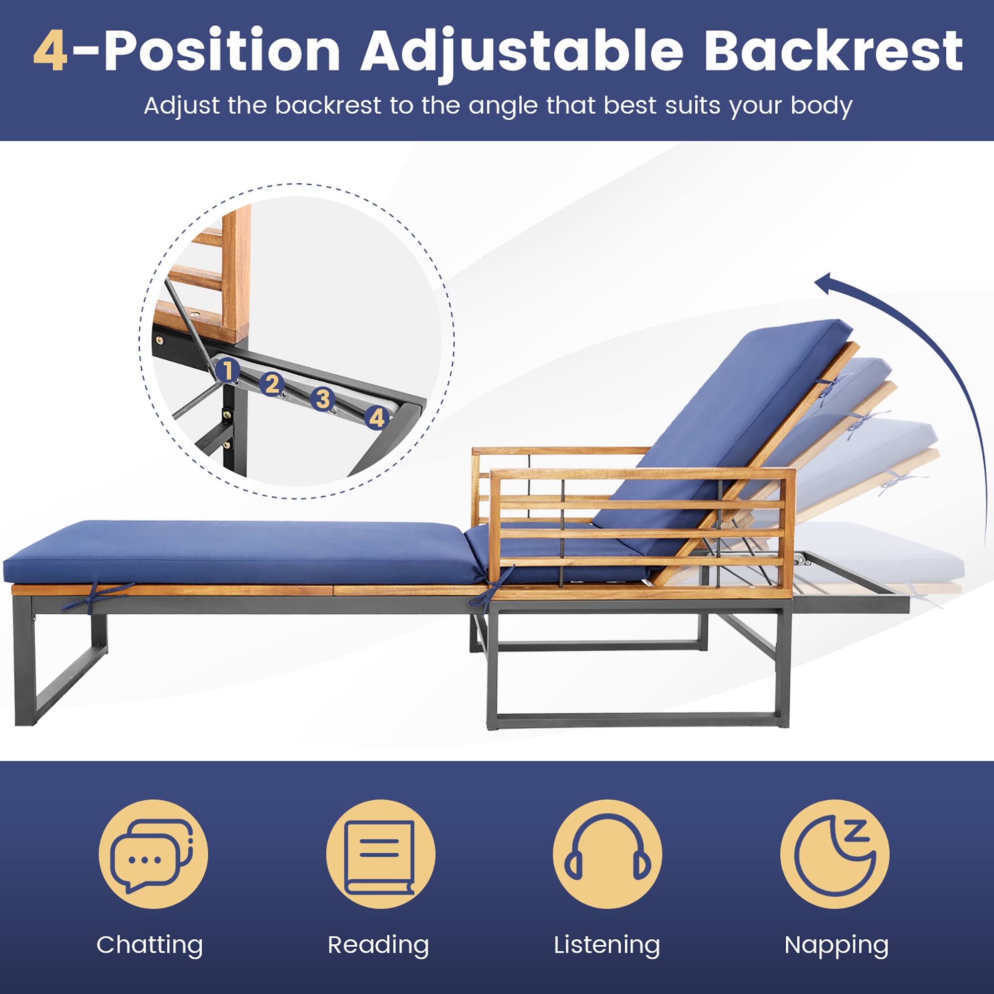 4-Position Adjustable Backrest
Adjust the backrest to the angle that best suits your body

Chatting
Reading
Listening
Napping