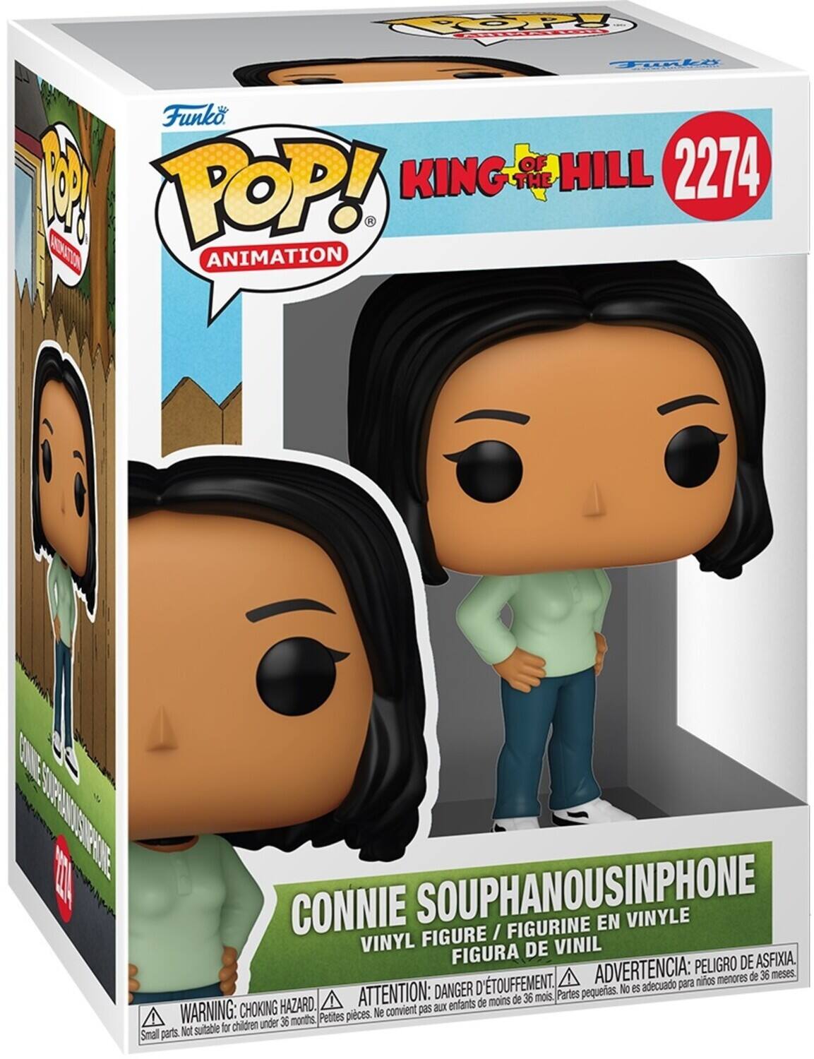 Funko POP! Animation  
King of the Hill  
2274  

Connie Souphanousinphone  
Vinyl Figure / Figurine en Vinyle / Figura de Vinil  

Warning: Choking Hazard. Small parts. Not suitable for children under 36 months.  
Attention: Danger d'étouffement. Ne convient pas aux enfants de moins de 36 mois.  
Advertencia: Peligro de asfixia. No es adecuado para niños menores de 36 meses.