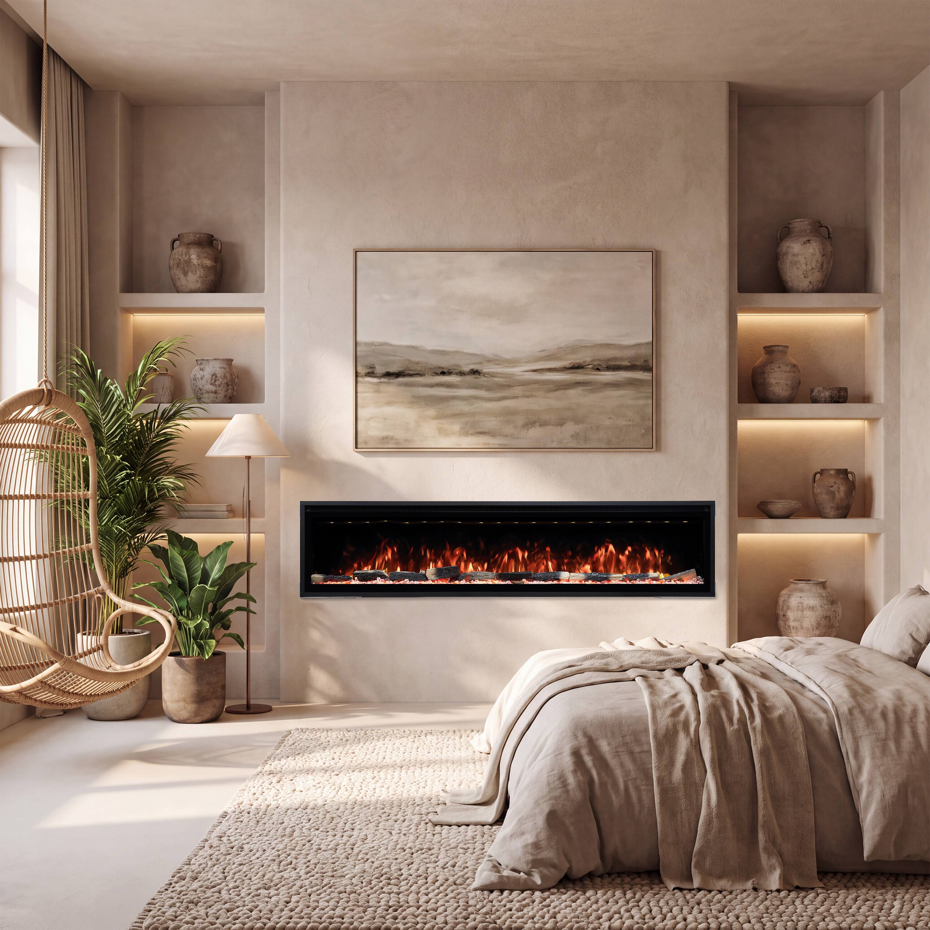 Back. Mondawe - 72" Electric Fireplace w/ 13 Flame Colors, WiFi App and Smart Control - Black.