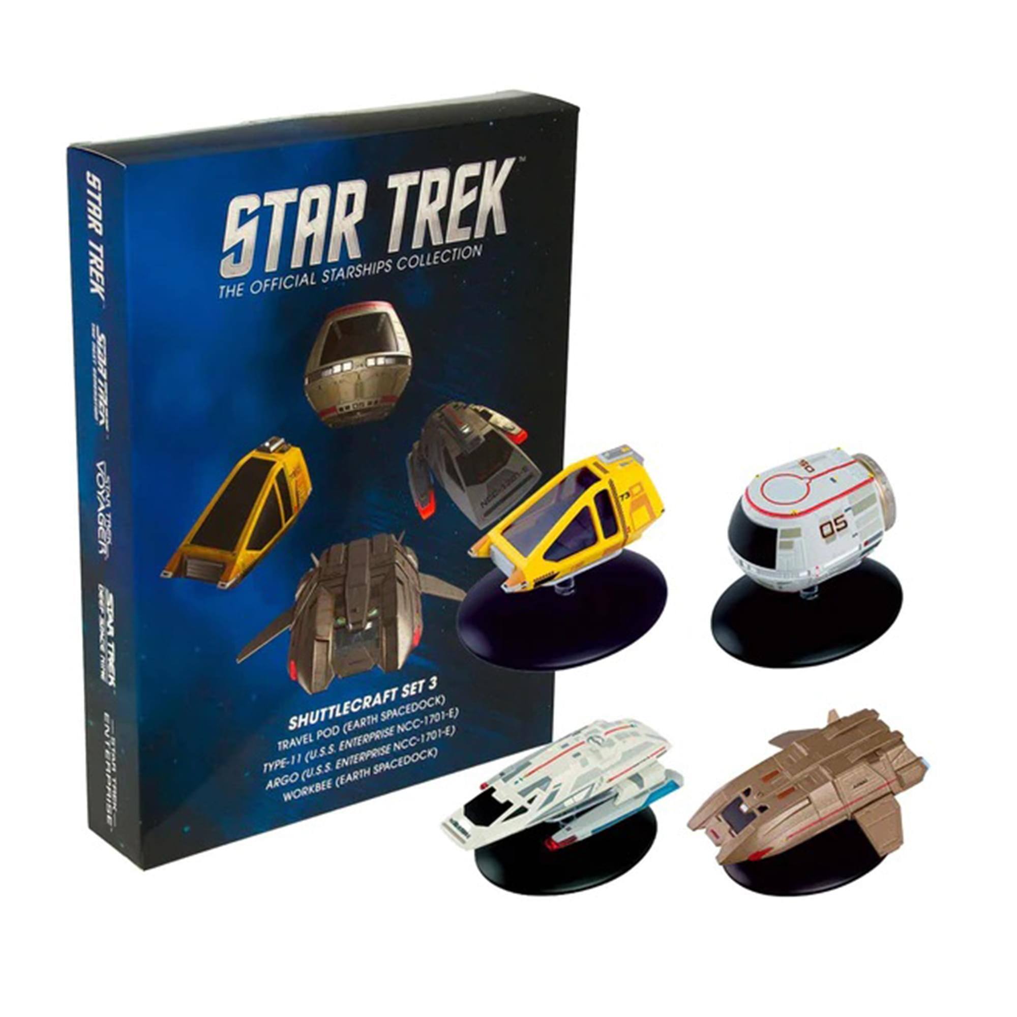 STAR TREK  
THE OFFICIAL STARSHIPS COLLECTION  

SHUTTLECRAFT SET 3  
TRAVEL POD (EARTH SPACEDOCK NCC-1701-E)  
TYPE-11 (U.S.S. ENTERPRISE NCC-1701-E)  
ARGO (U.S.S. ENTERPRISE SPACEDOCK)  
WORKBEE (EARTH SPACEDOCK)