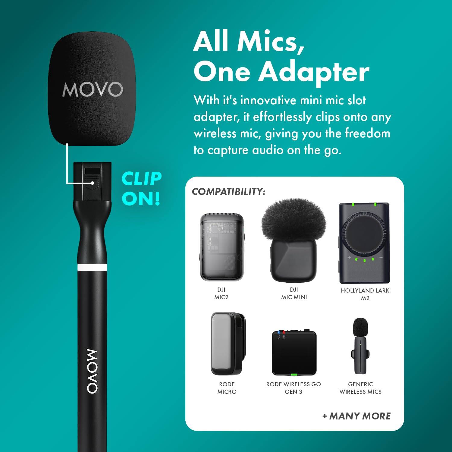 All Mics, One Adapter

With its innovative mini mic slot adapter, it effortlessly clips onto any wireless mic, giving you the freedom to capture audio on the go.

CLIP ON!

COMPATIBILITY:
- DJI MIC2
- DJI MIC MINI
- HOLLYLAND LARK M2
- RODE MICRO
- RODE WIRELESS GO GEN 3
- GENERIC WIRELESS MICS
+ MANY MORE